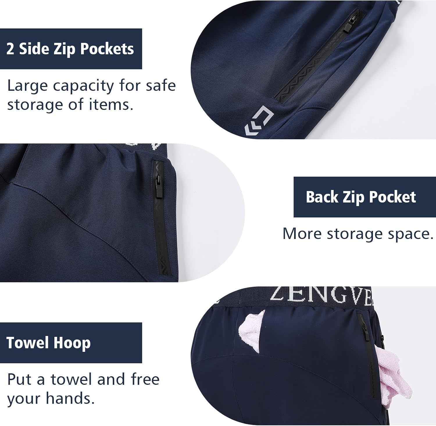 Detalle de Men’s Gym Running Shorts Athletic 1/3 Pack with Zip Pockets & Quick-Dry Fabric