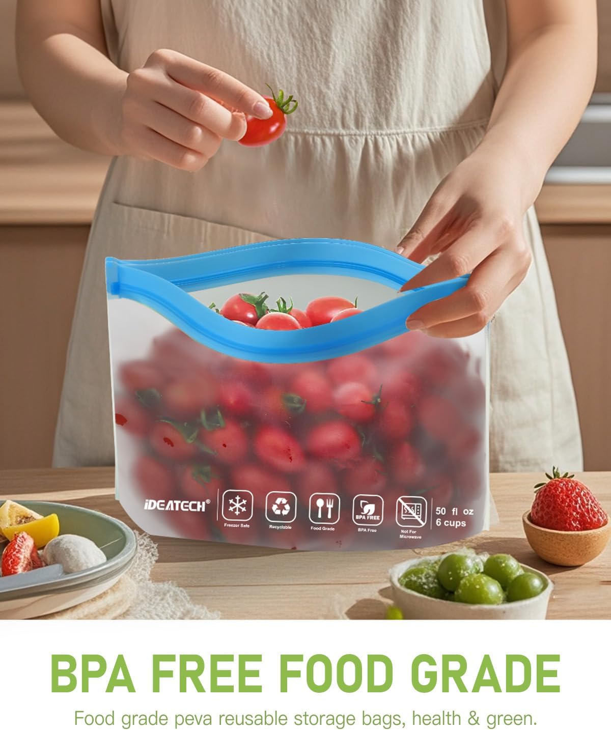 Detalle de IDEATECH Reusable Silicone Freezer Bags (20-Pack) – stand-up food storage pouches, BPA-free