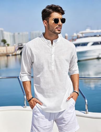 Detalle de Cegerne Camicia in Lino da Uomo a Maniche Lunghe – Estiva, Leggera e Traspirante (Bianco Sporco, Taglia L)