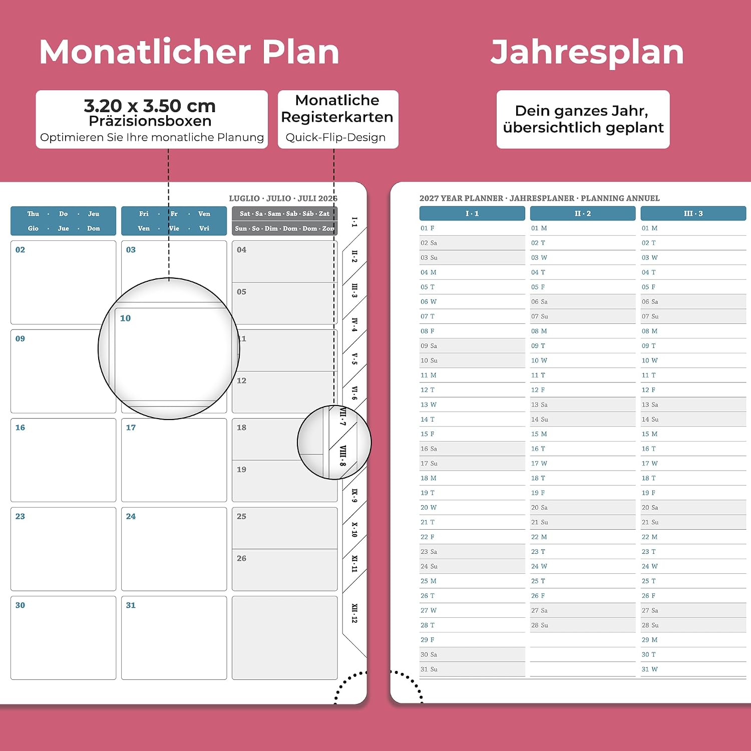Detalle de IN-LUXPRO Kalender 2026/2027 Wochenplaner A5 – Elegant in Rose, veganem Leder, 18 Monate