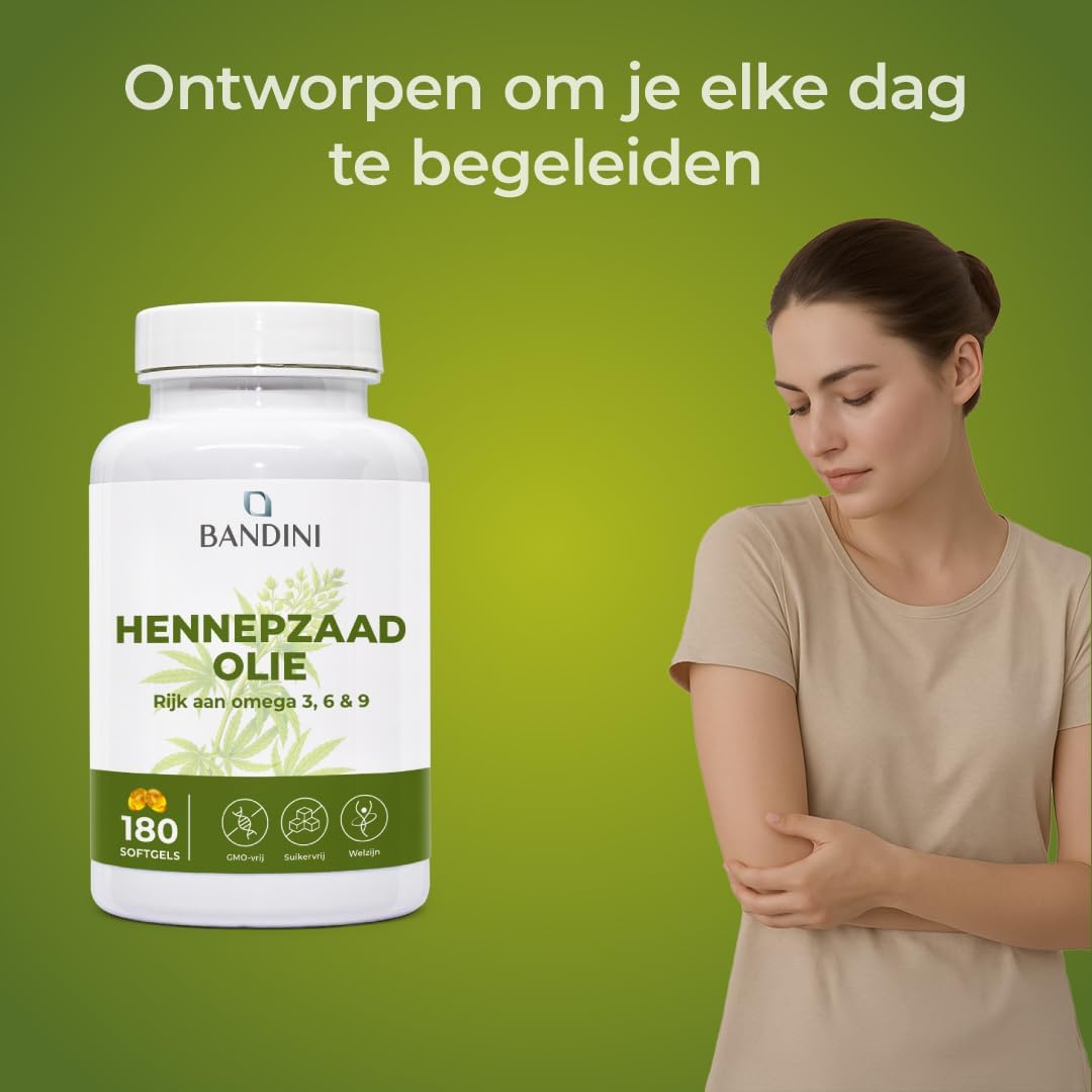 Detalle de BANDINI Hennepzaadolie 1000 mg, 180 vegan softgels met omega 3, 6 en 9