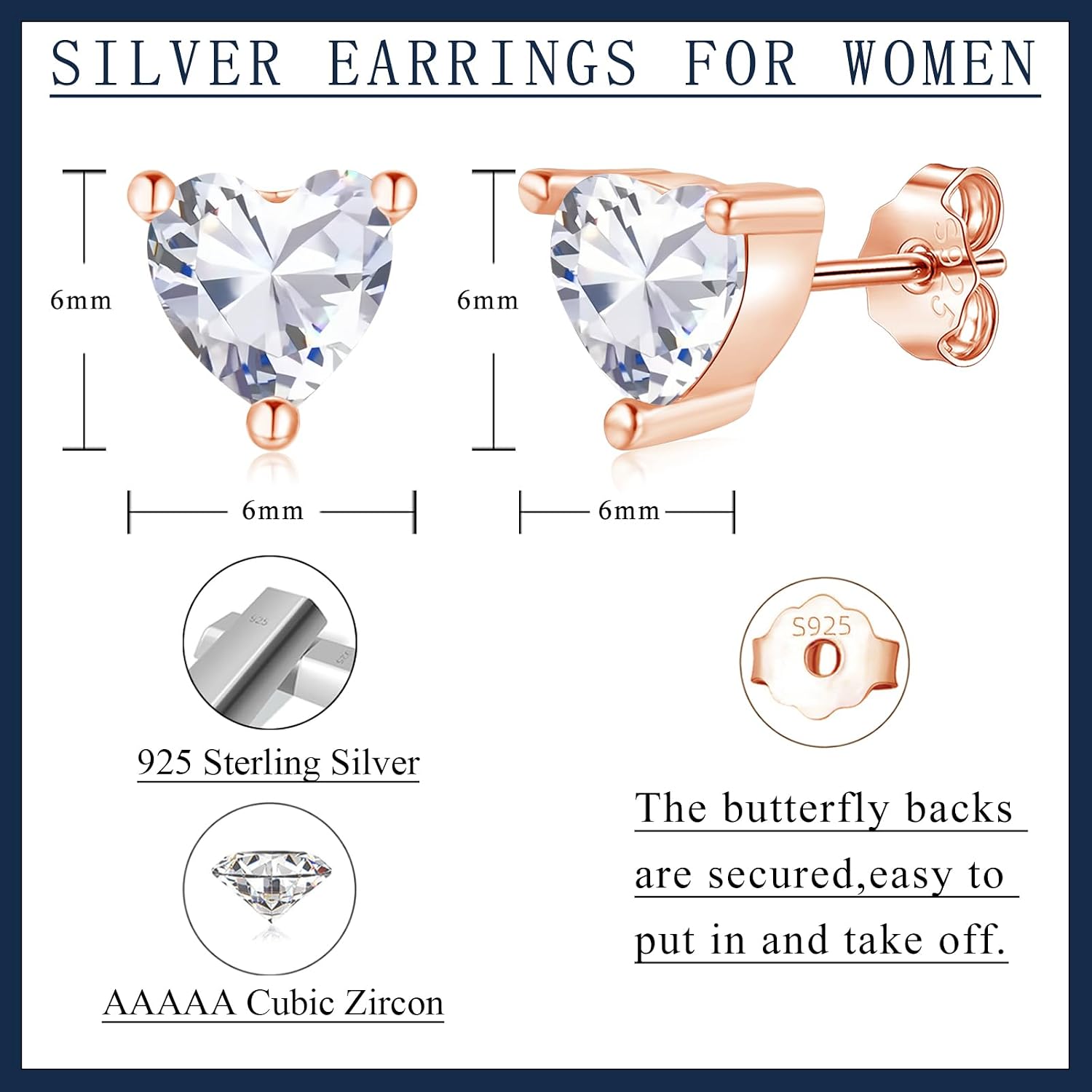 Detalle 2 de Loutade Ohrringe Silber 925 – 3 Paare Herz-Ohrstecker mit Cubic Zirkonia