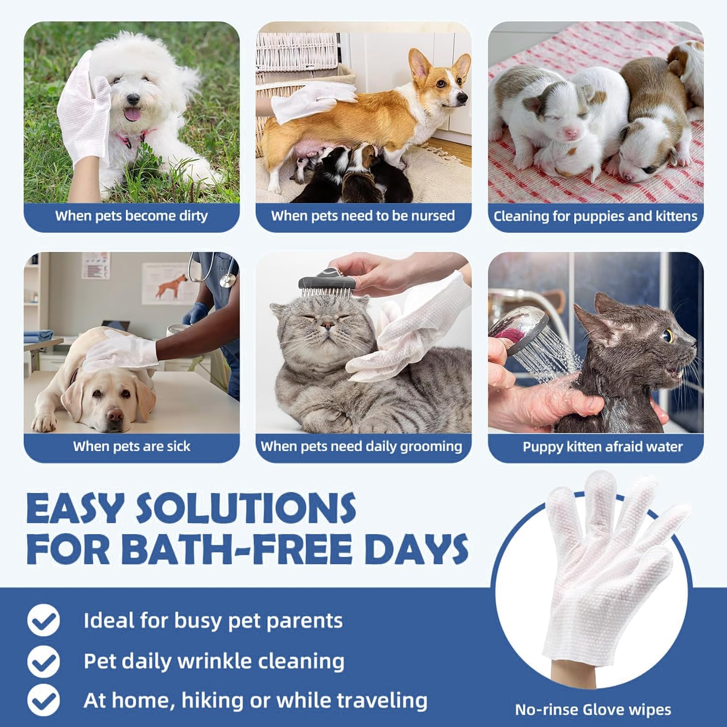Detalle de PCpetclear Pet Glove Wipe for Dog – Wash Free, Thickened & Gentle Grooming Wipes, 10pcs