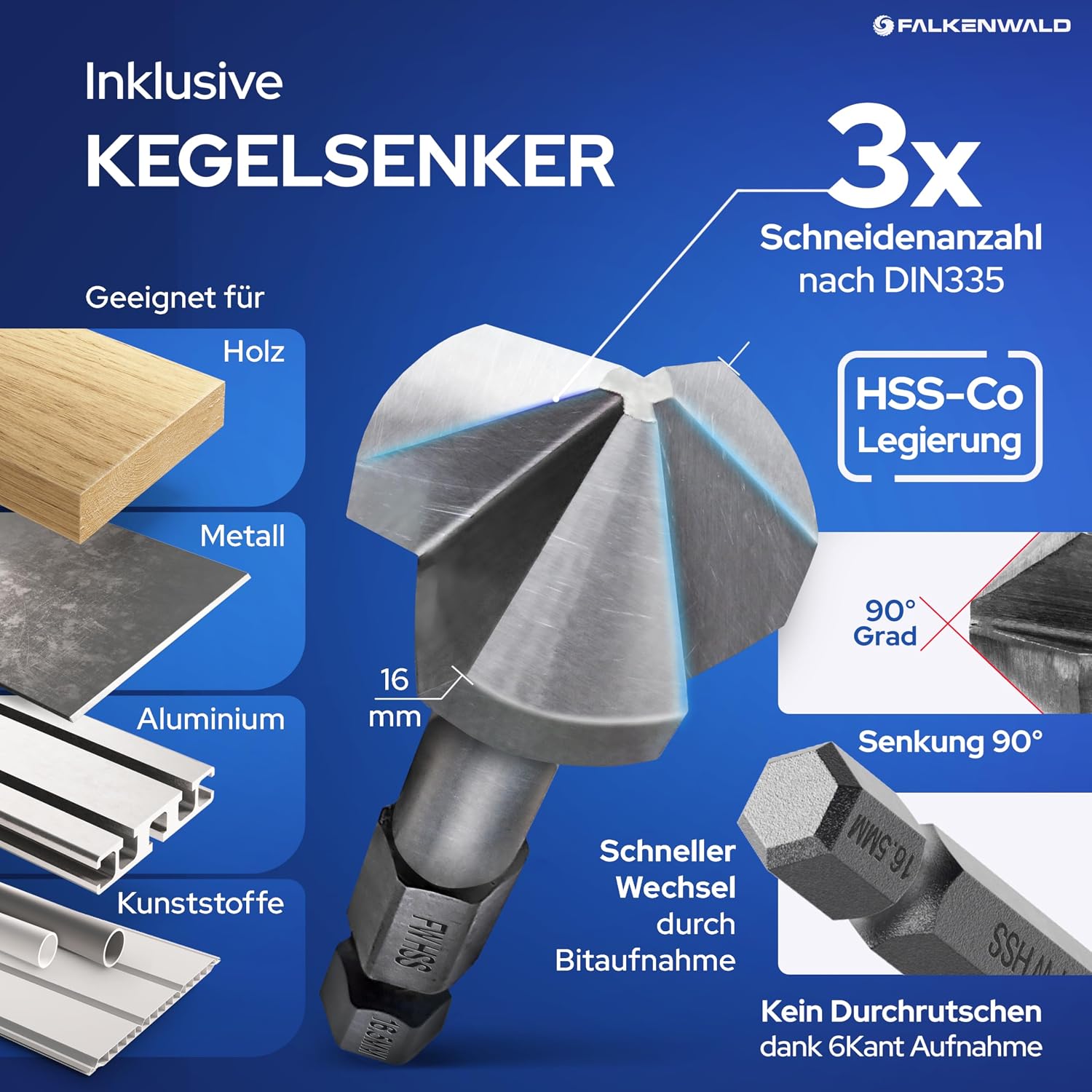 Detalle de Falkenwald Holzbohrer Set 1–13 mm, 26‑teilig