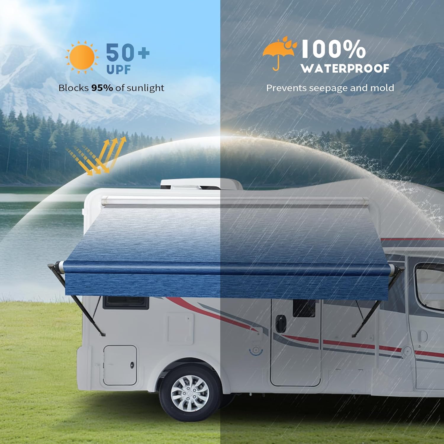 Detalle de RV Awning Fabric Replacement: Heavy Duty 18.5oz Vinyl, 18FT Sapphire Blue Fade