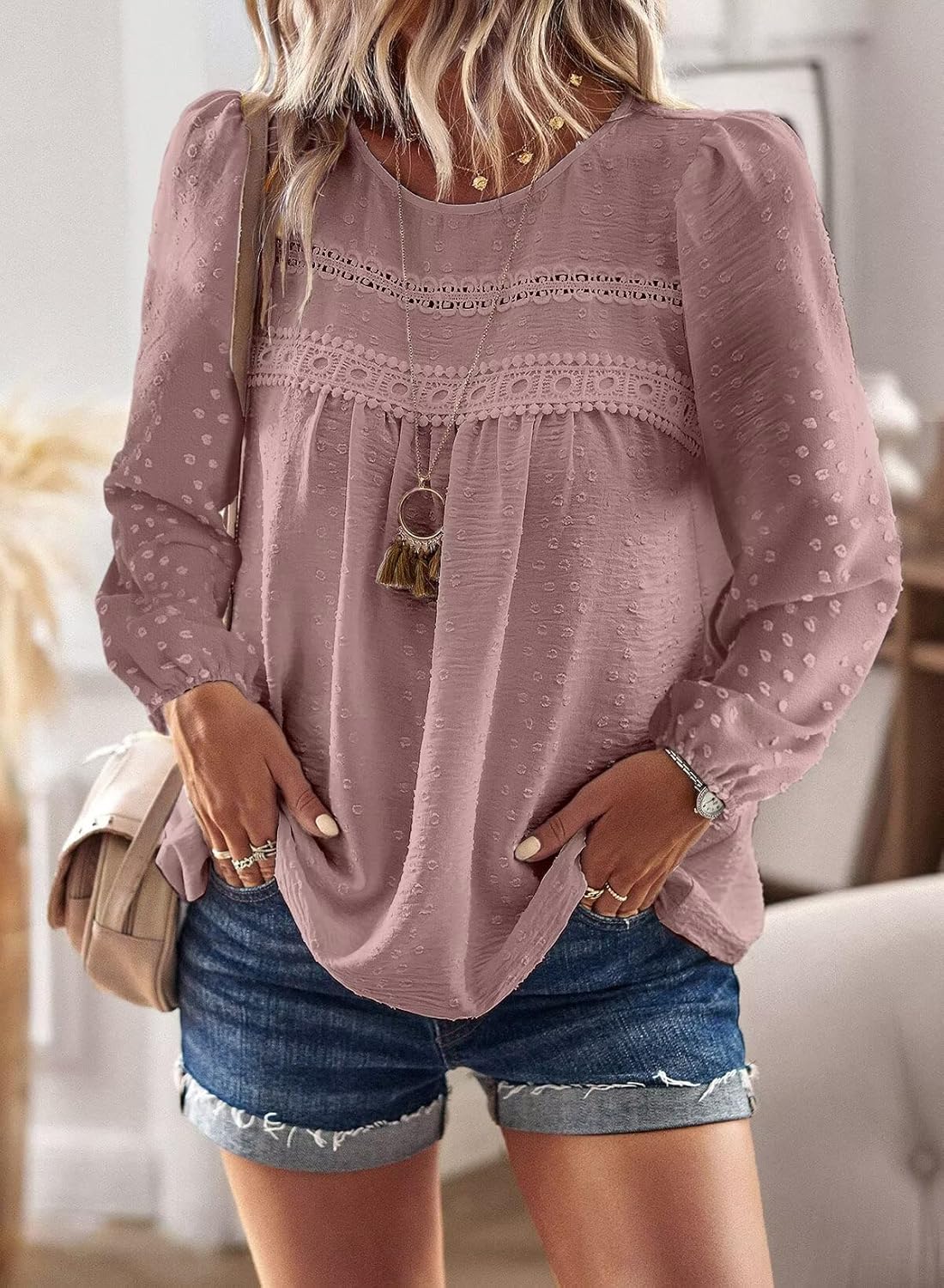 Thumbnail 4 de Falechay Boho long sleeve crewneck crochet lace top for women