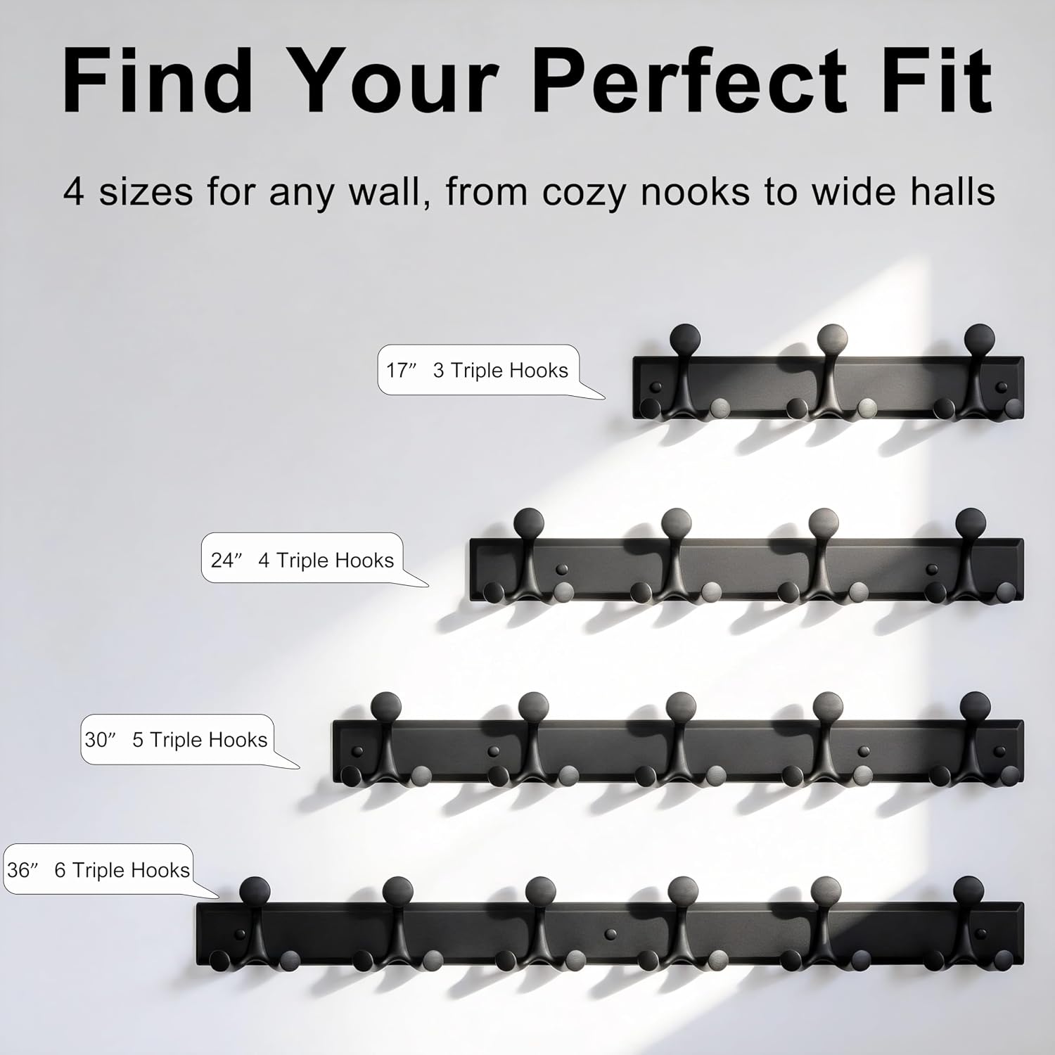 Detalle de SKOLOO 30-Inch Wall-Mounted Coat Rack, 15 Hooks, Matte Black, Pack of 2