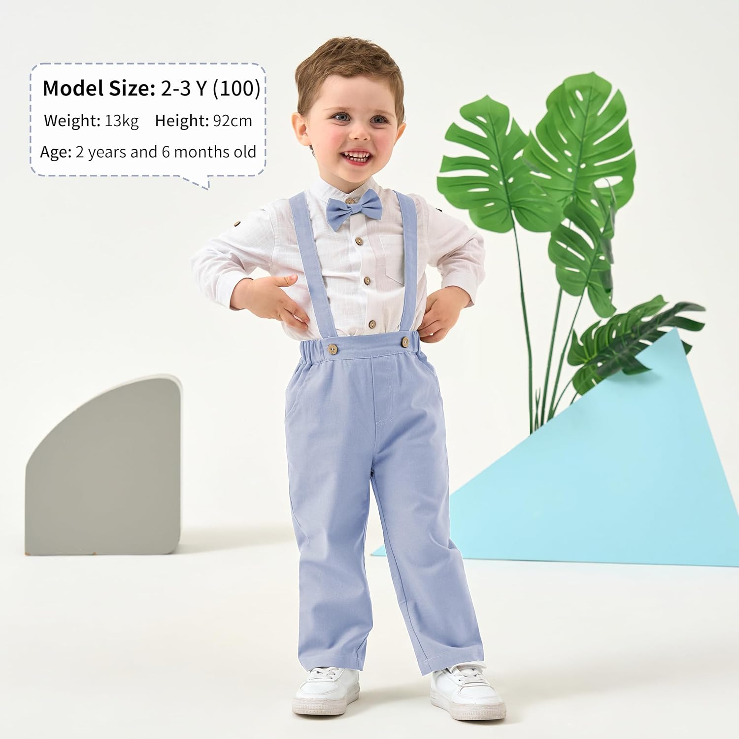 Thumbnail 2 de Completo elegante Volunboy Bambino in lino cotone: camicia Henley con fiocco, bretelle e pantaloni (4 pezzi)