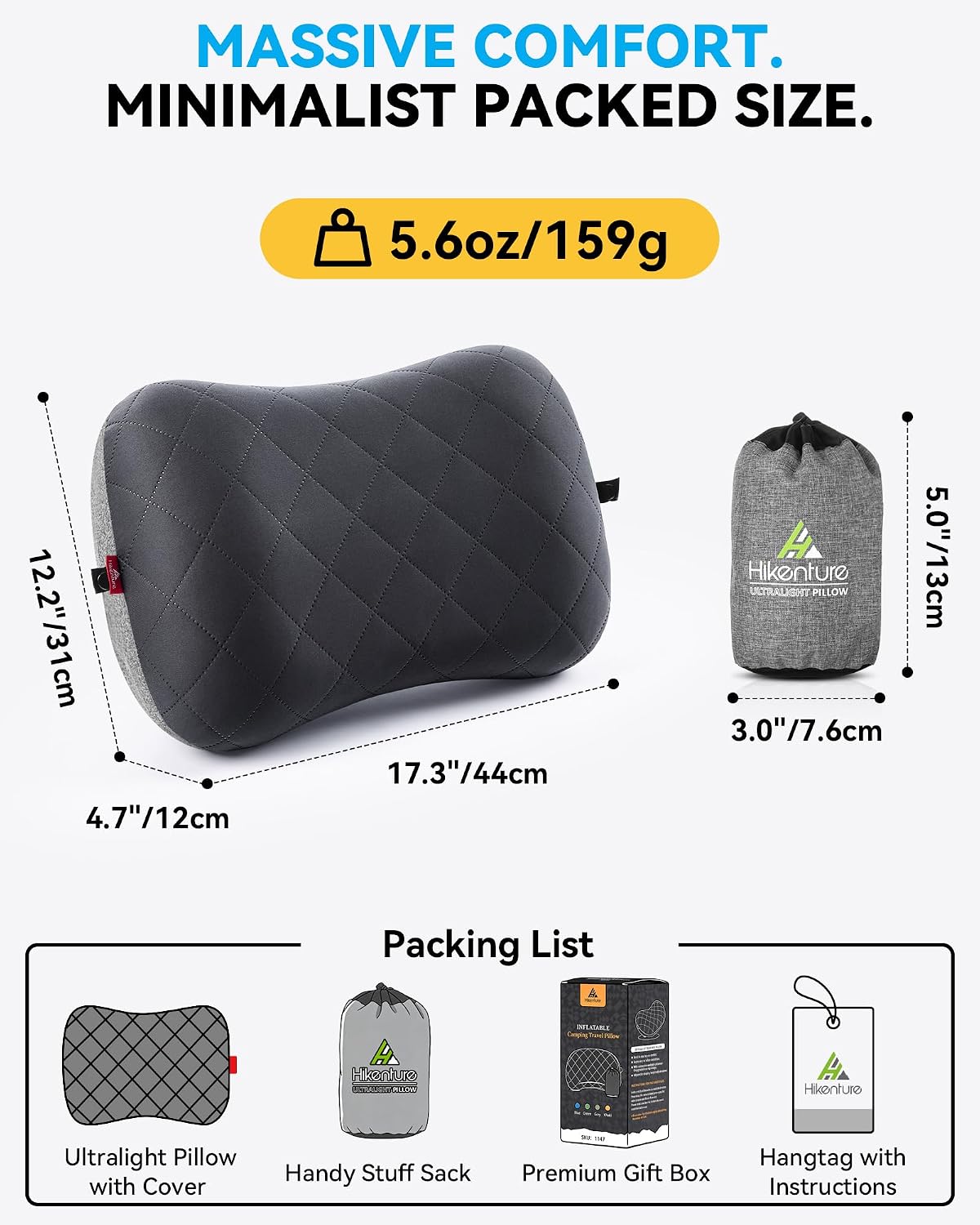Detalle de HIKENTURE aufblasbares Reise-/Camping-Kissen mit abziehbarem Kissenbezug (schwarz) – ergonomisches Nackenkissen fürs Unterwegssein
