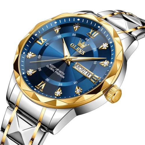 Detalle de OLEVS Men's Business Watch, Gold and Blue, Quartz, Stainless Steel Band