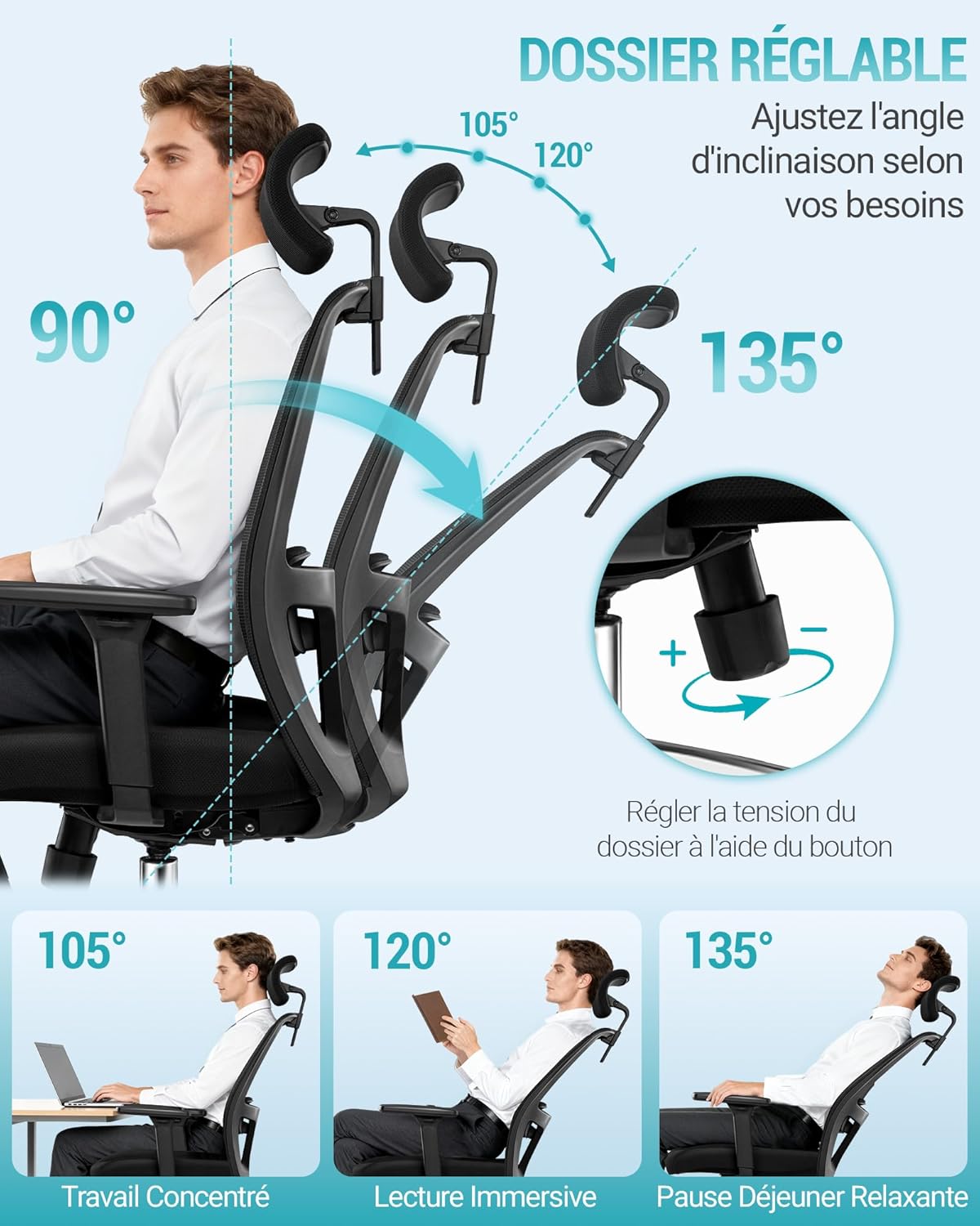 Thumbnail 4 de Hzuaneri Chaise de bureau ergonomique ON00199B avec appui-tête et soutien lombaire réglables (jusqu’à 150 kg), noir