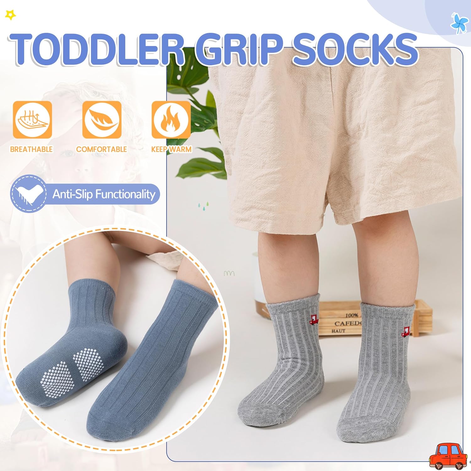 Detalle de SEEYAN Baby Non Slip Socks Toddler Car & Dinosaur Pack (9 Pairs) – Anti-Slip Grip Socks for Safe First Steps
