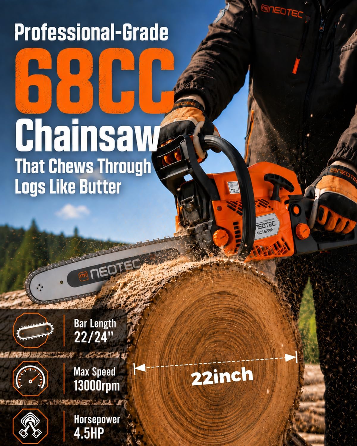 Detalle de NEO-TEC 1D-LTT-NCS6800A-917-1 68CC Gas Chainsaw with 22- and 24-Inch Bars