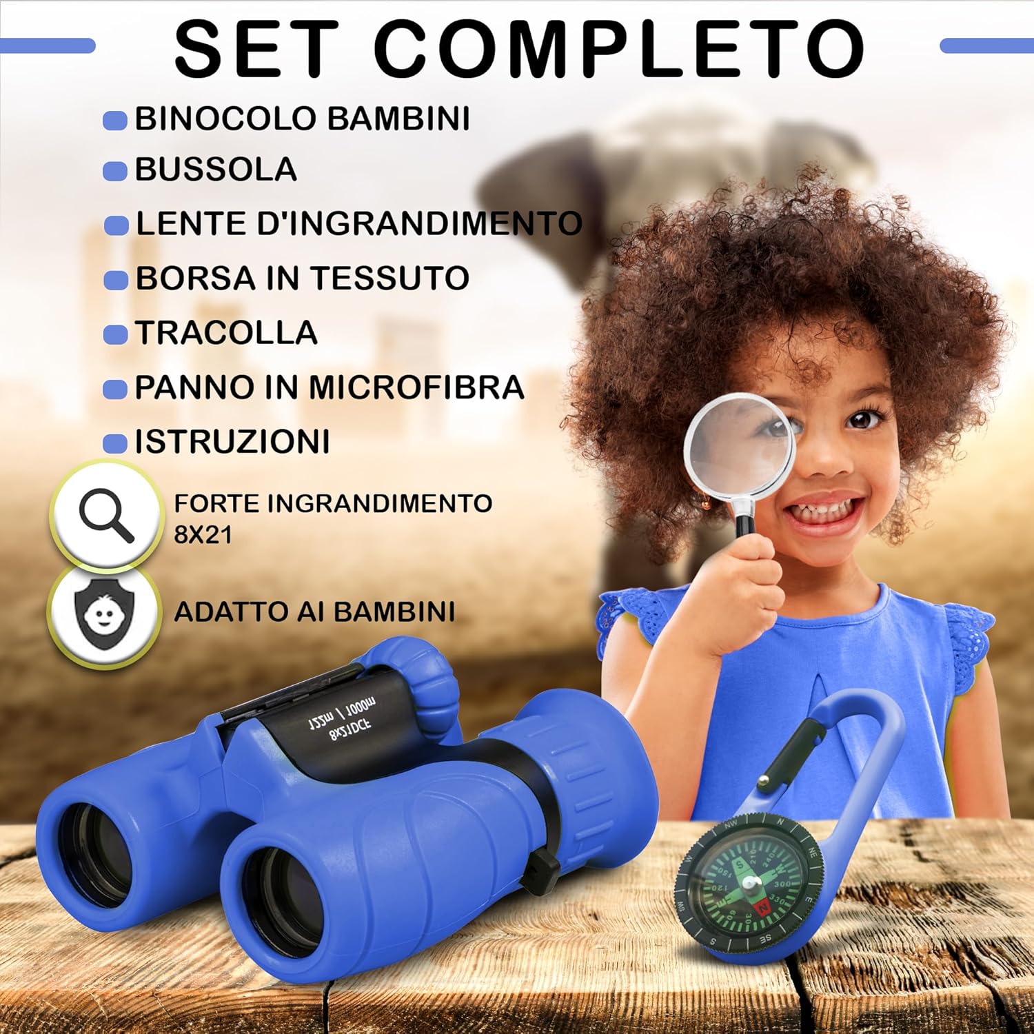 Detalle 2 de Binocolo Bambini 8x21 – Set Esploratore completo con bussola e lente d'ingrandimento