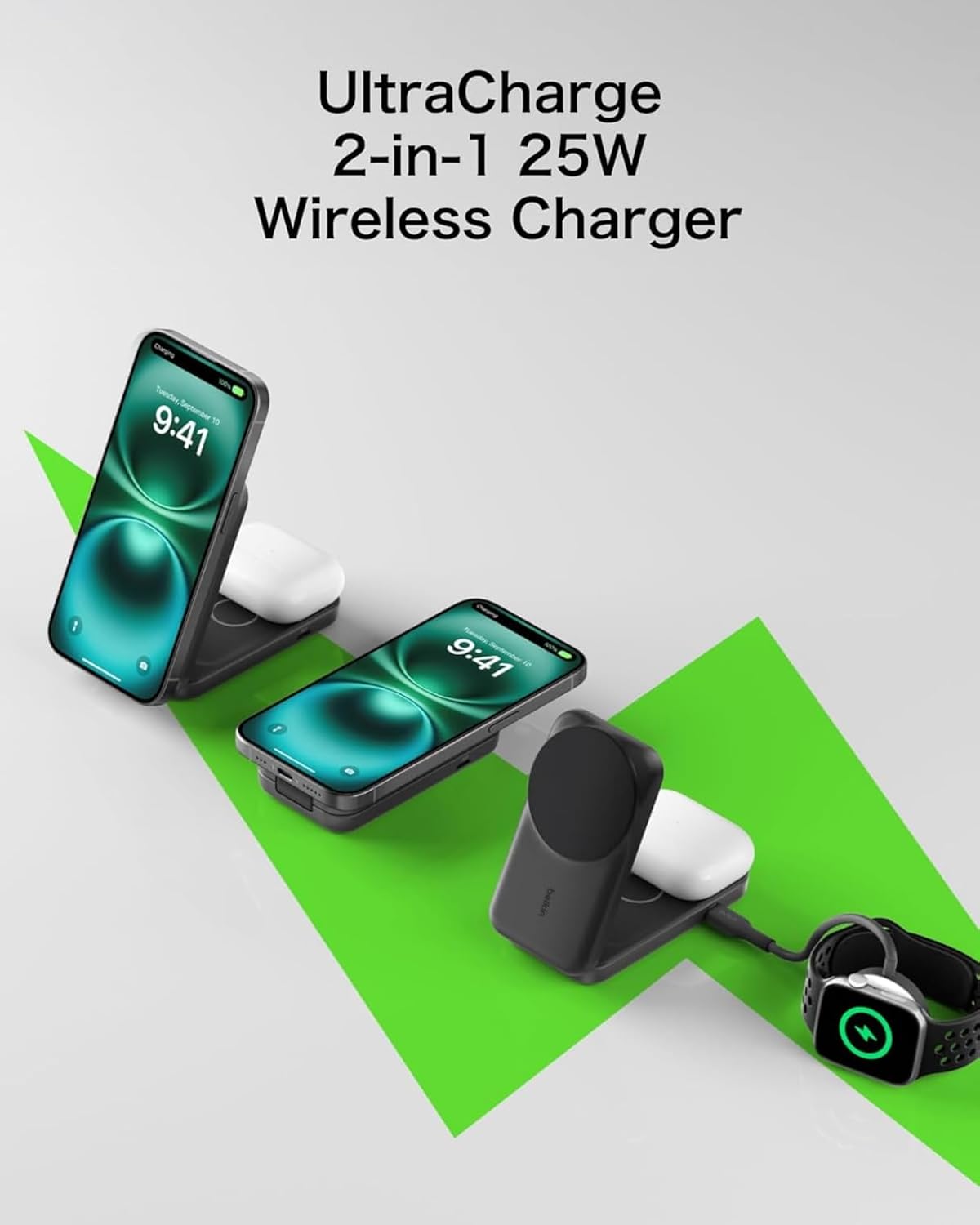 Detalle 2 de Belkin Qi2 25W 2in1 ワイヤレス充電器 折りたたみ式・2台同時充電・ブルー