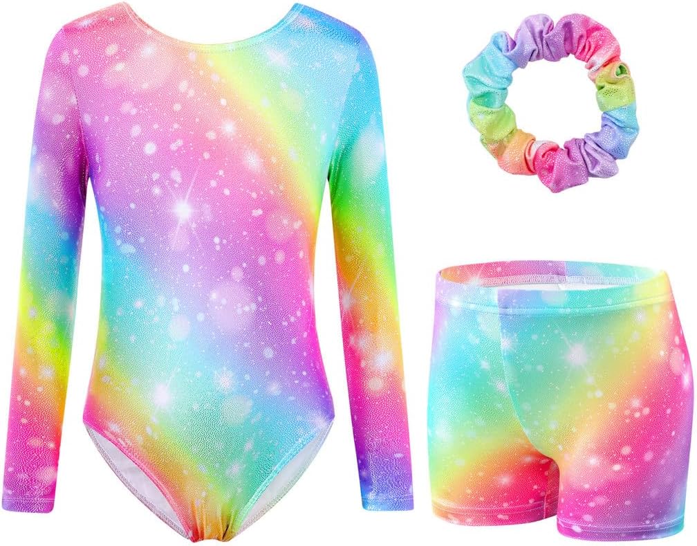 Thumbnail 4 de XiaoMoSha Girls Three-Piece Gymnastics Leotards Set: Long Sleeve Leotard, Shorts & Hairband (3–12 Years)