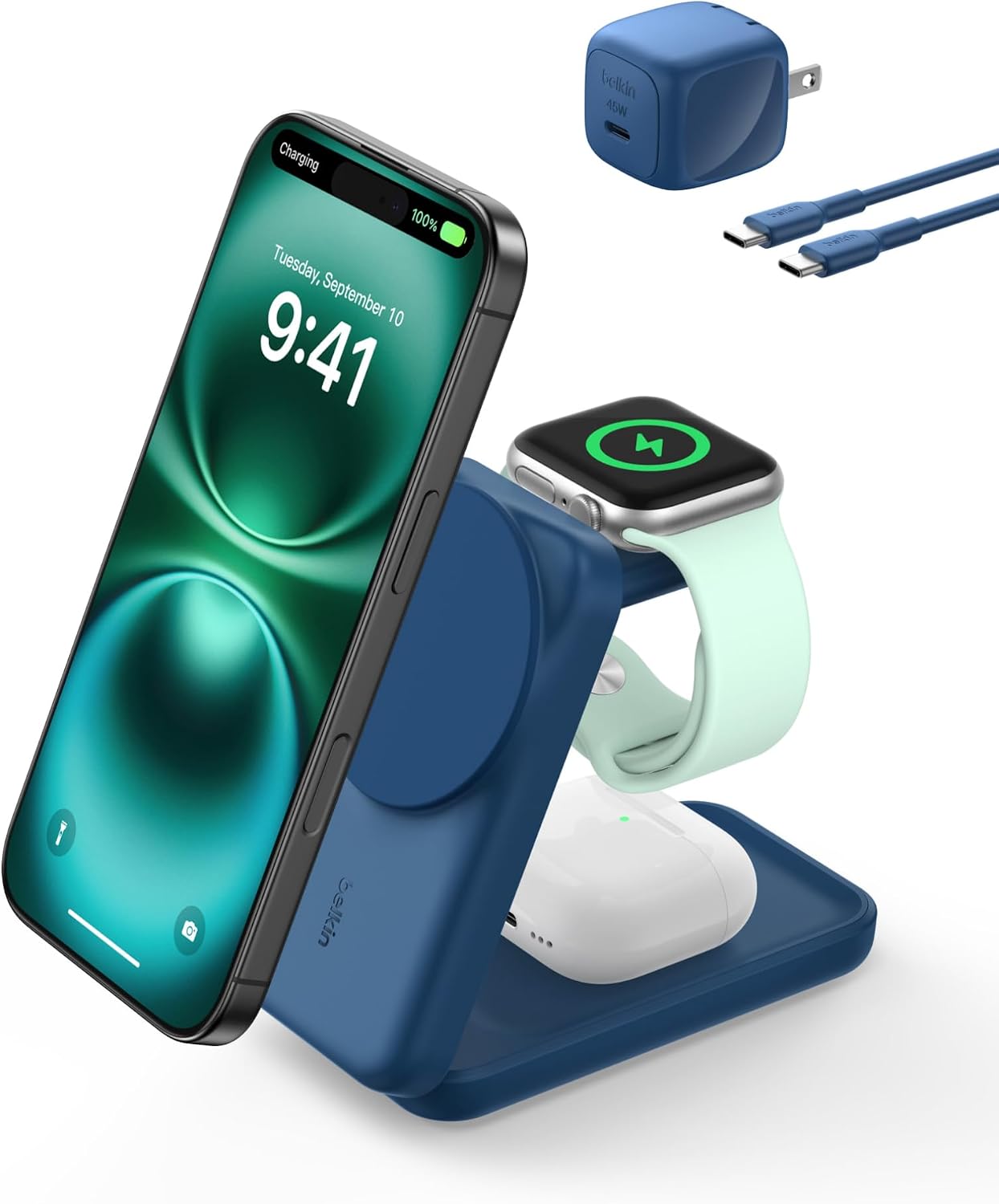 Detalle de Belkin Qi2 25W 3-in-1ワイヤレス充電器 折りたたみ式・冷却ファン搭載・ブルー