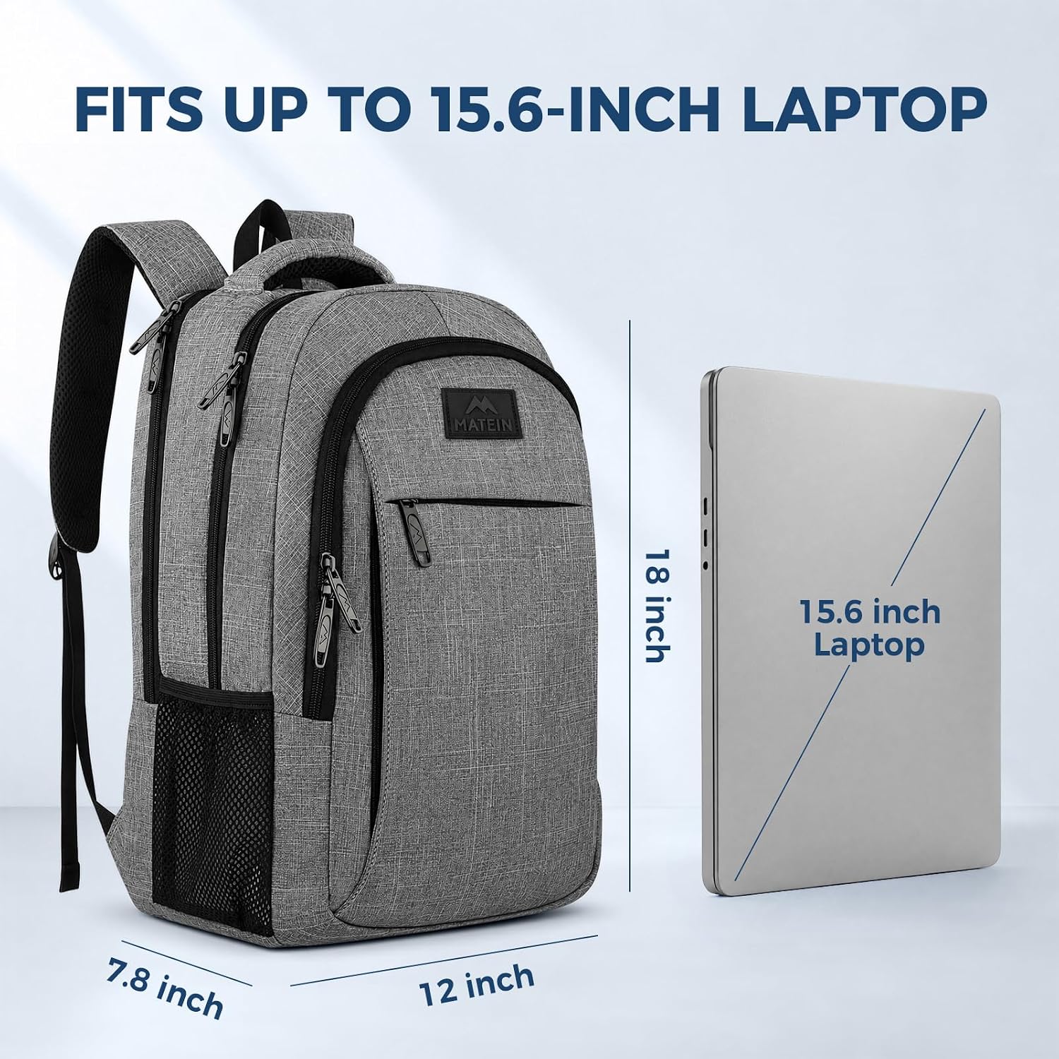 Detalle de MATEIN Travel Laptop Backpack 15.6 Inch Grey – Organized College & Travel Bag
