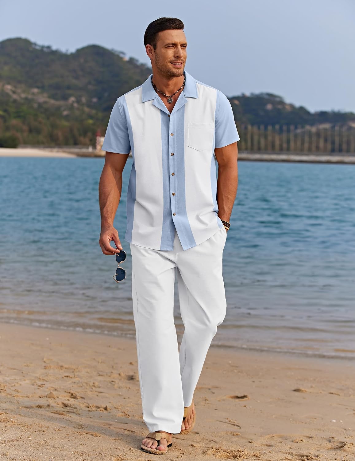 Detalle de COOFANDY Men 2 Piece Linen Outfit: Beachy Button-Down Shirt and Loose Pant Set