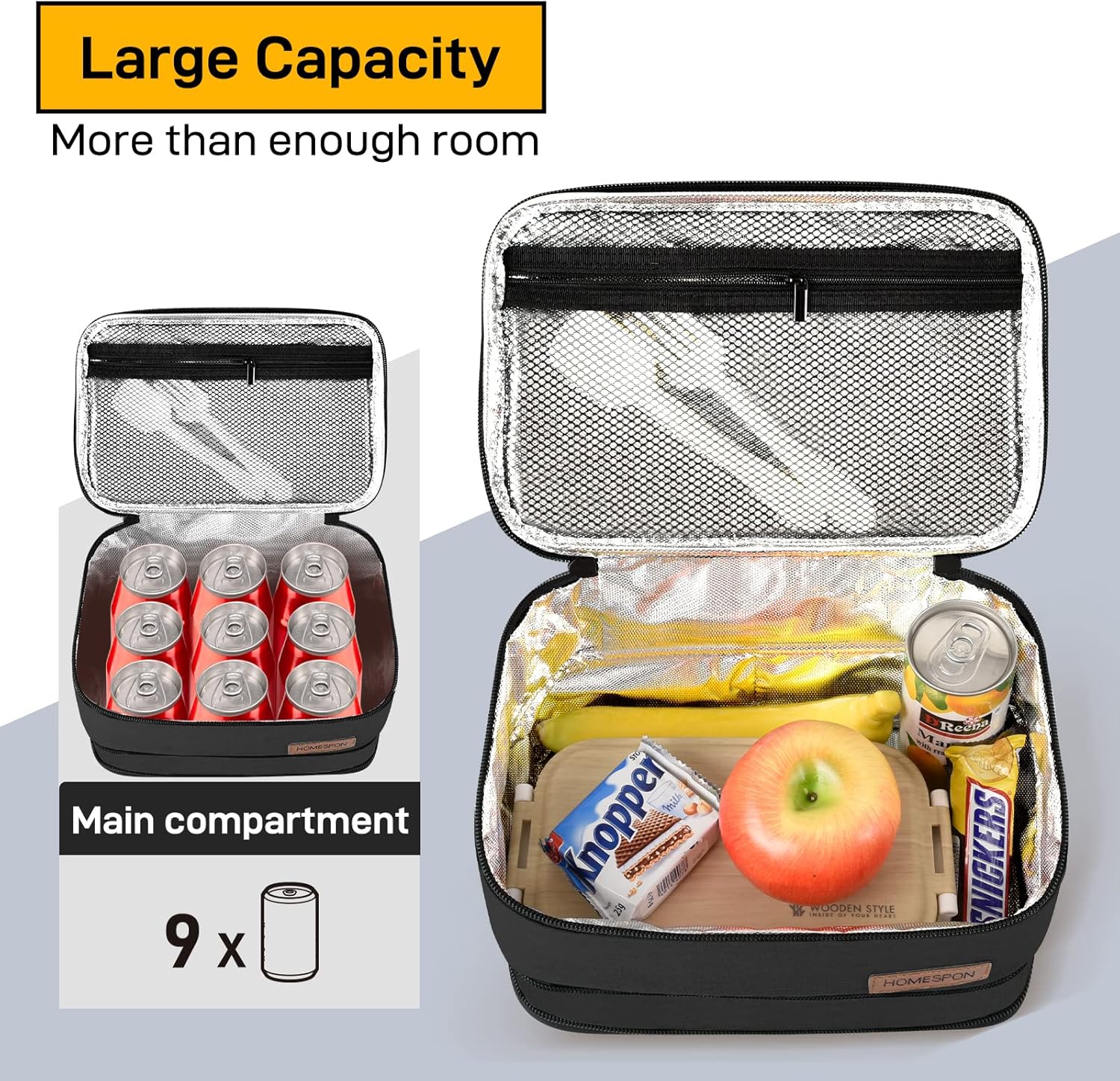 Detalle de HOMESPON Expandable Insulated Lunch Bag (Black) – foldable lunch box holder with handle