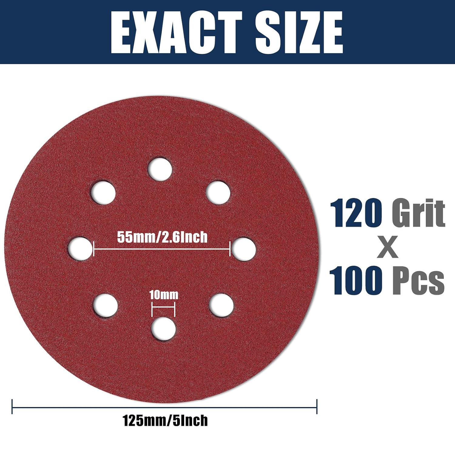 Detalle 2 de 100 Stück Schleifpapier 125 mm Klett – Exzenter-Rundschleifpapier mit 8 Löchern, 120 Körnung