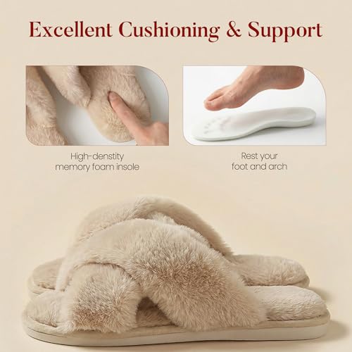 Thumbnail 3 de Ankis Women Camel Fluffy Slippers: Cross Band Furry Open Toe, Cozy Plush Home Shoes