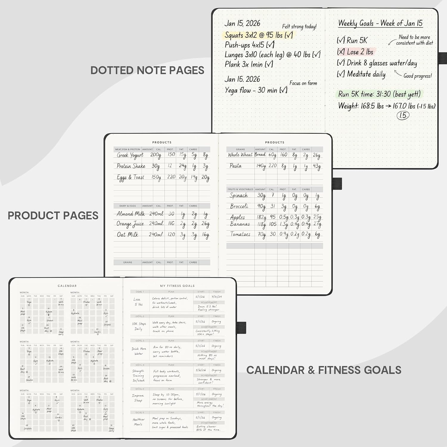 Detalle 1 de &And Per Se FIT-01 Fitness and Food Journal, Undated A5 Black Hardcover
