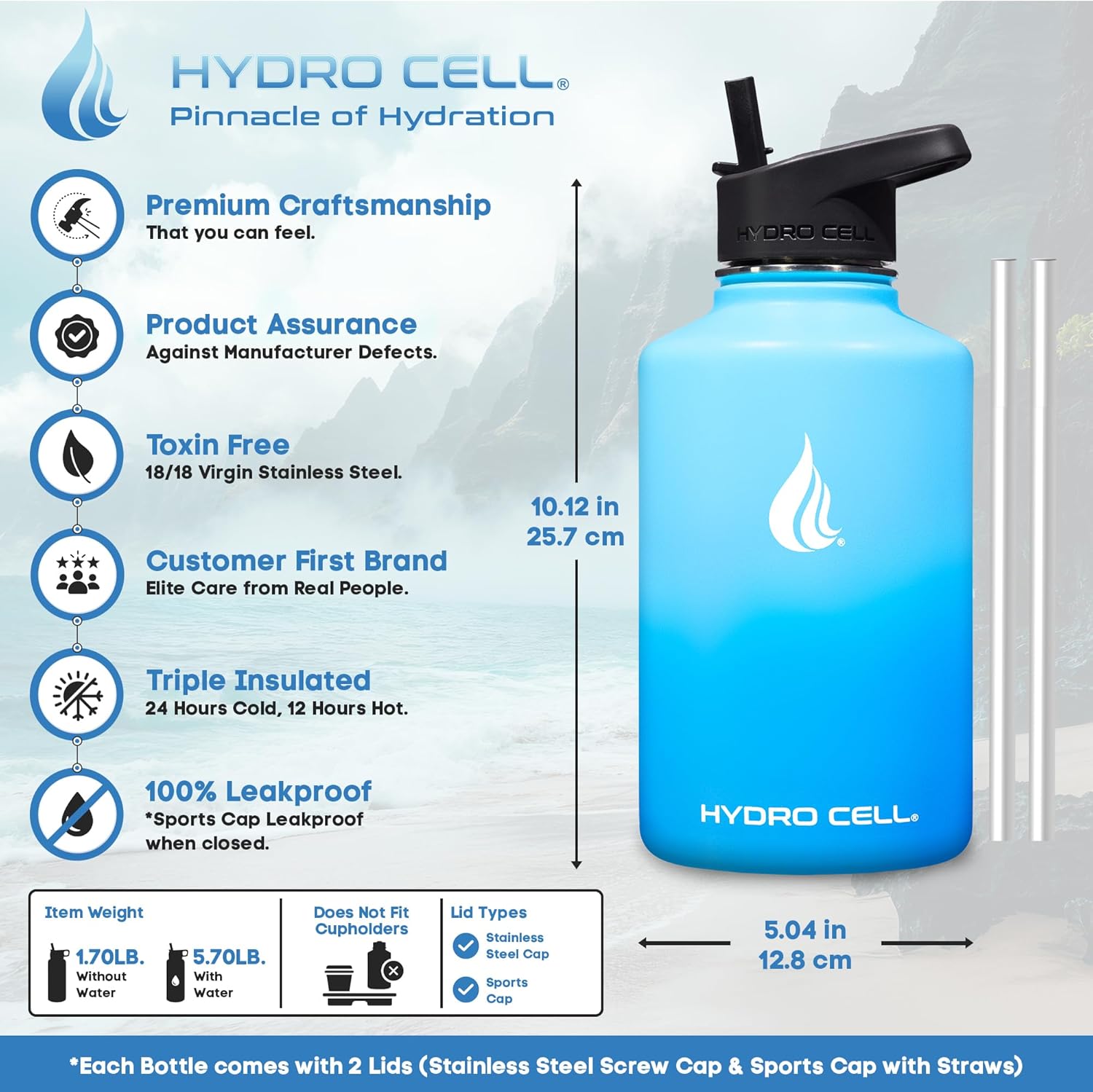 Thumbnail 2 de HYDRO CELL Stainless Steel Insulated Water Bottle with Straw (64oz) – Sky/Blue