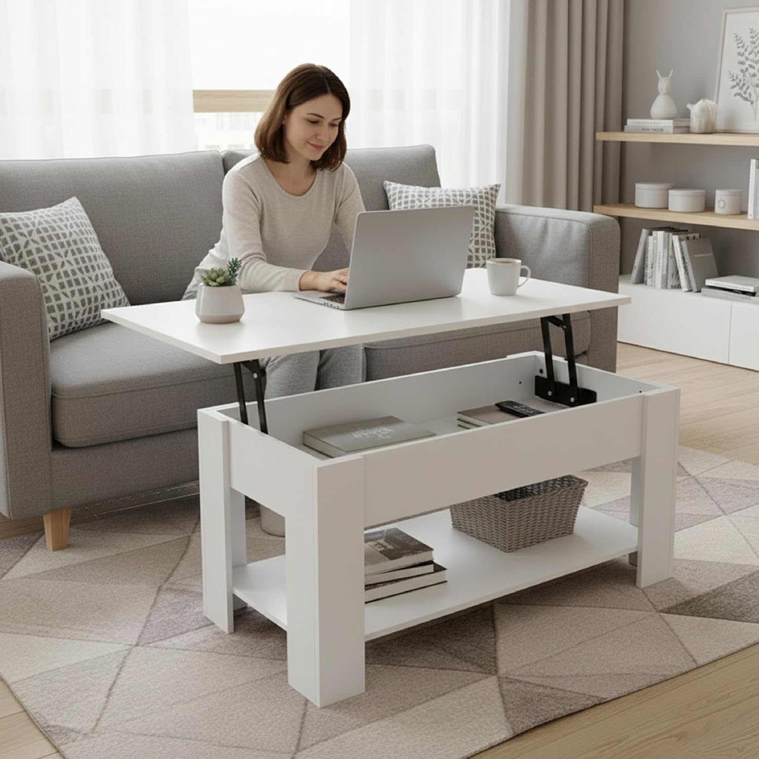Detalle 2 de Baroni Home Tavolino da Caffè con Piano Sollevabile e Contenitore Interno – bianco, 100x40x41,5 cm