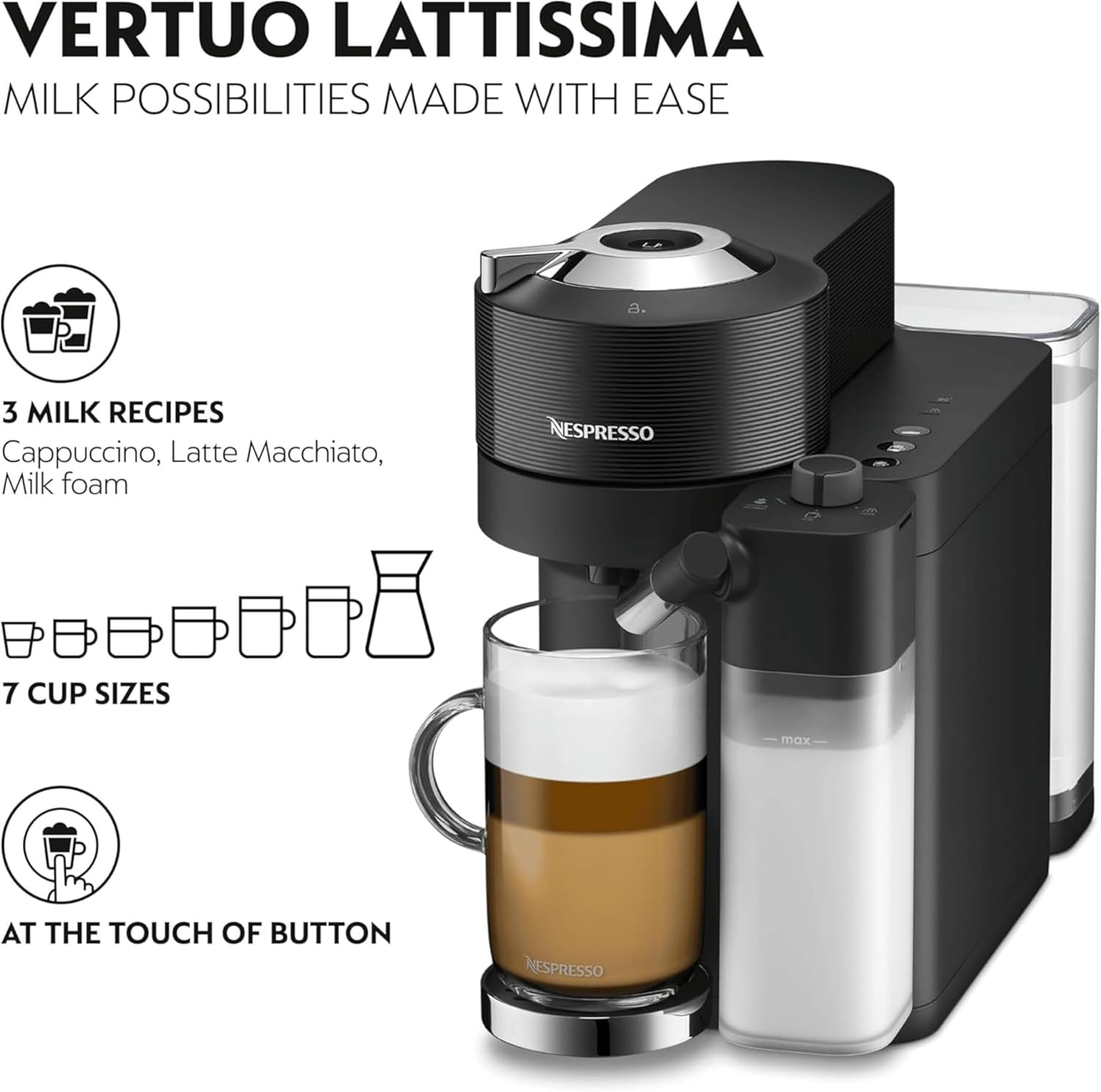 Detalle 2 de De'Longhi Nespresso Vertuo Lattissima ENV300.B: Automatic Coffee Machine with Milk Frother