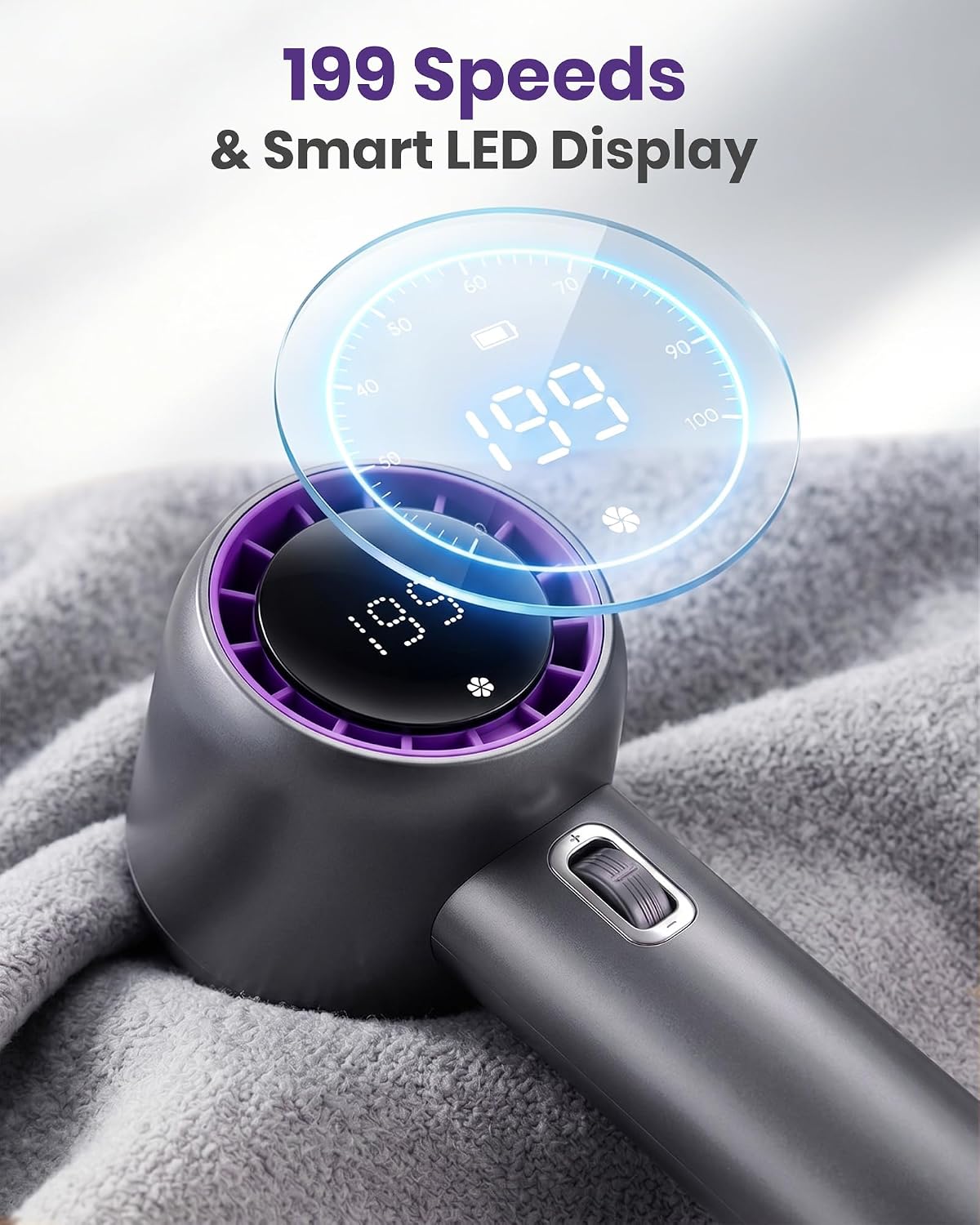 Detalle de Portable Handheld Fan 5000mAh (GF02 Grey) — Compact Turbo Personal Fan with 199 Speeds and LED Display