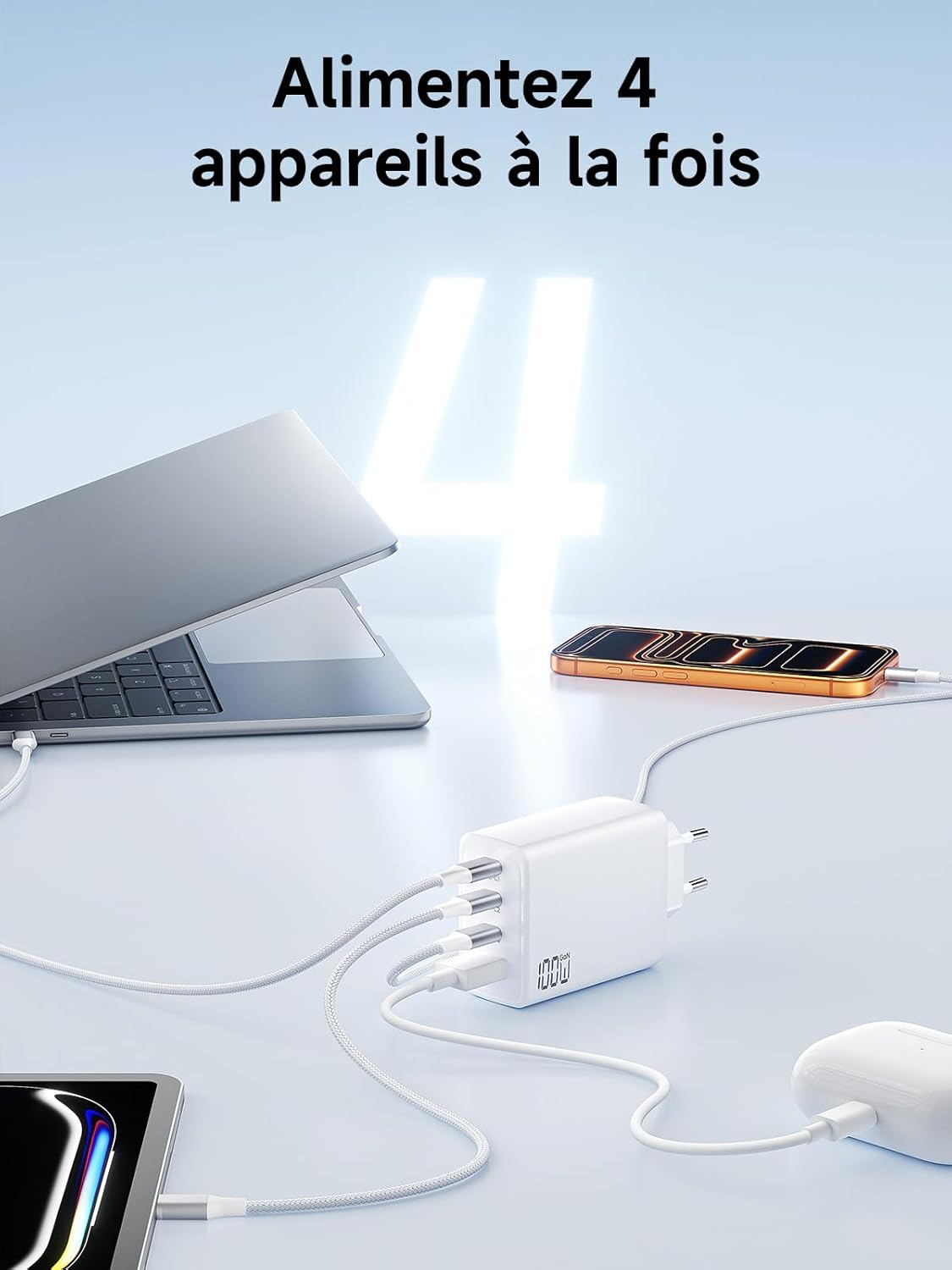 Thumbnail 2 de Chargeur USB-C GaN 100W 4 ports pour ordinateur portable (3×USB-C + 1×USB-A) + câble USB-C 2 m