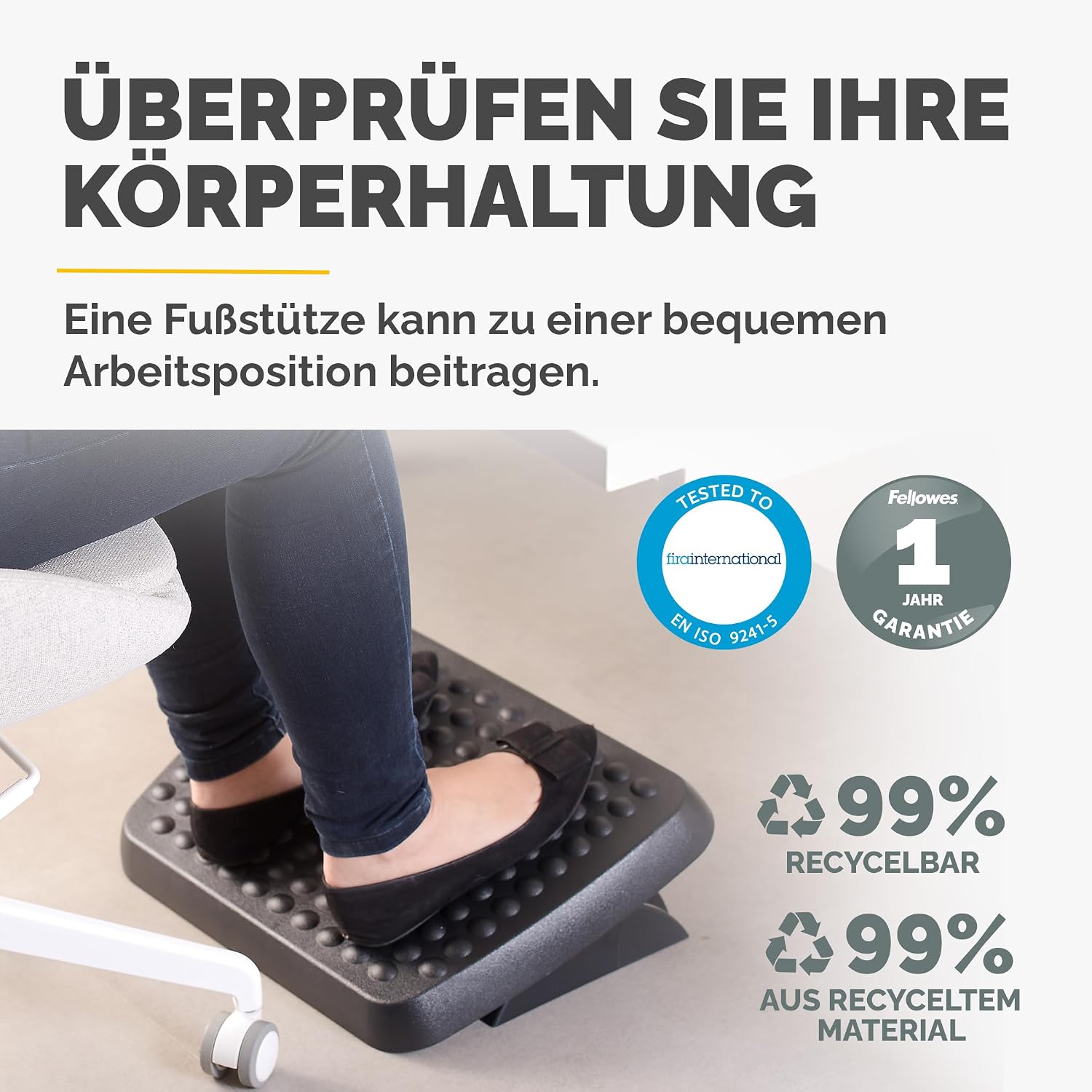 Detalle de Fellowes Fußstütze Standard – verstellbar, aus recyceltem Kunststoff, 2 Höhen