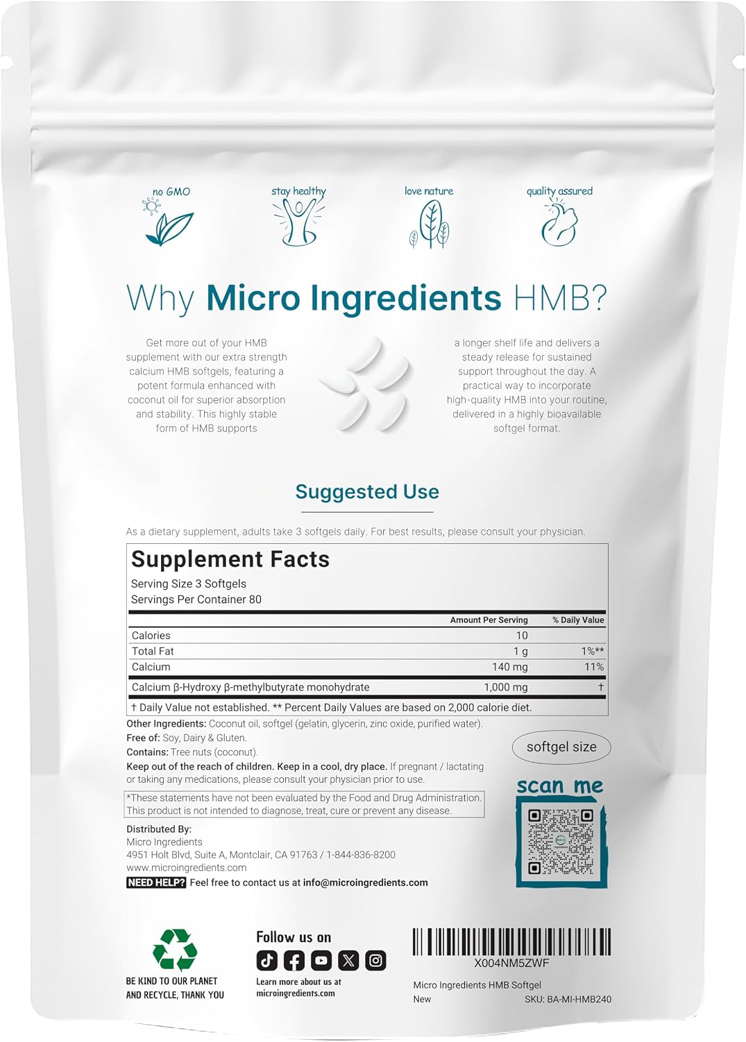 Detalle 2 de Micro Ingredients HMB softgels, 240 count