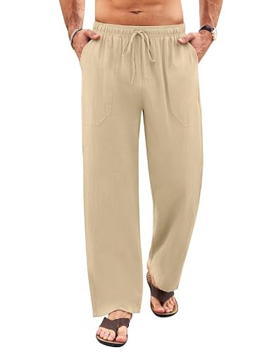 Detalle de Litthing Pantalones de Lino para Hombre – Algodón Verano con Cordón y Bolsillos