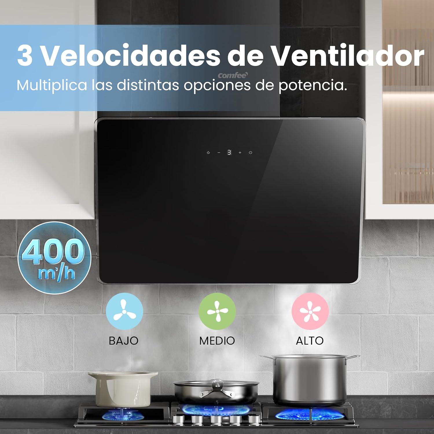 Detalle 2 de COMFEE' ANGJ64B-60 Hotte inclinée 60 cm en Verre Trempé Noir – LED, 3 vitesses, recyclage ou évacuation