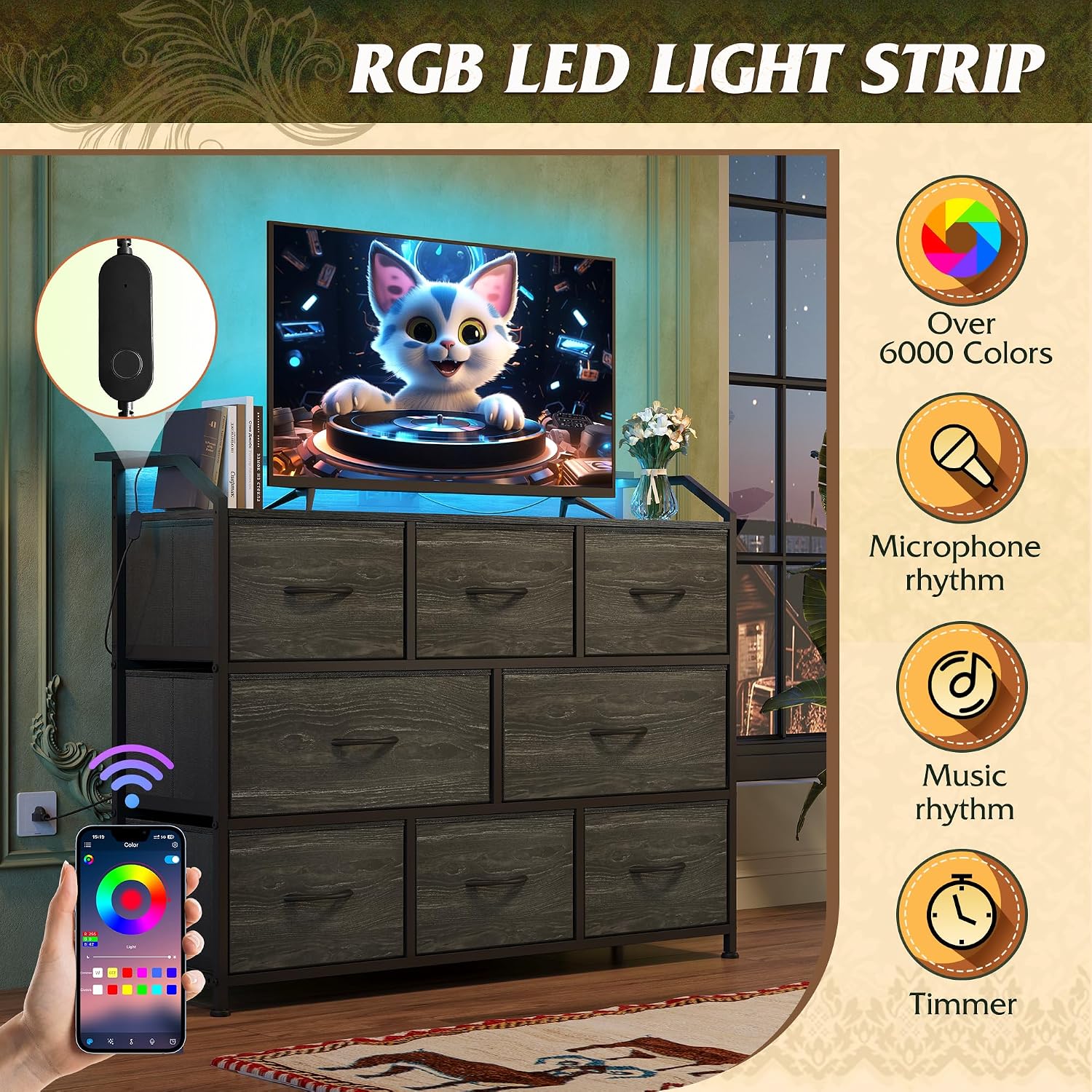 Thumbnail 4 de WLIVE Led Dresser with 8 Fabric Drawers and LED Lights — TV Stand & Storage for Bedroom