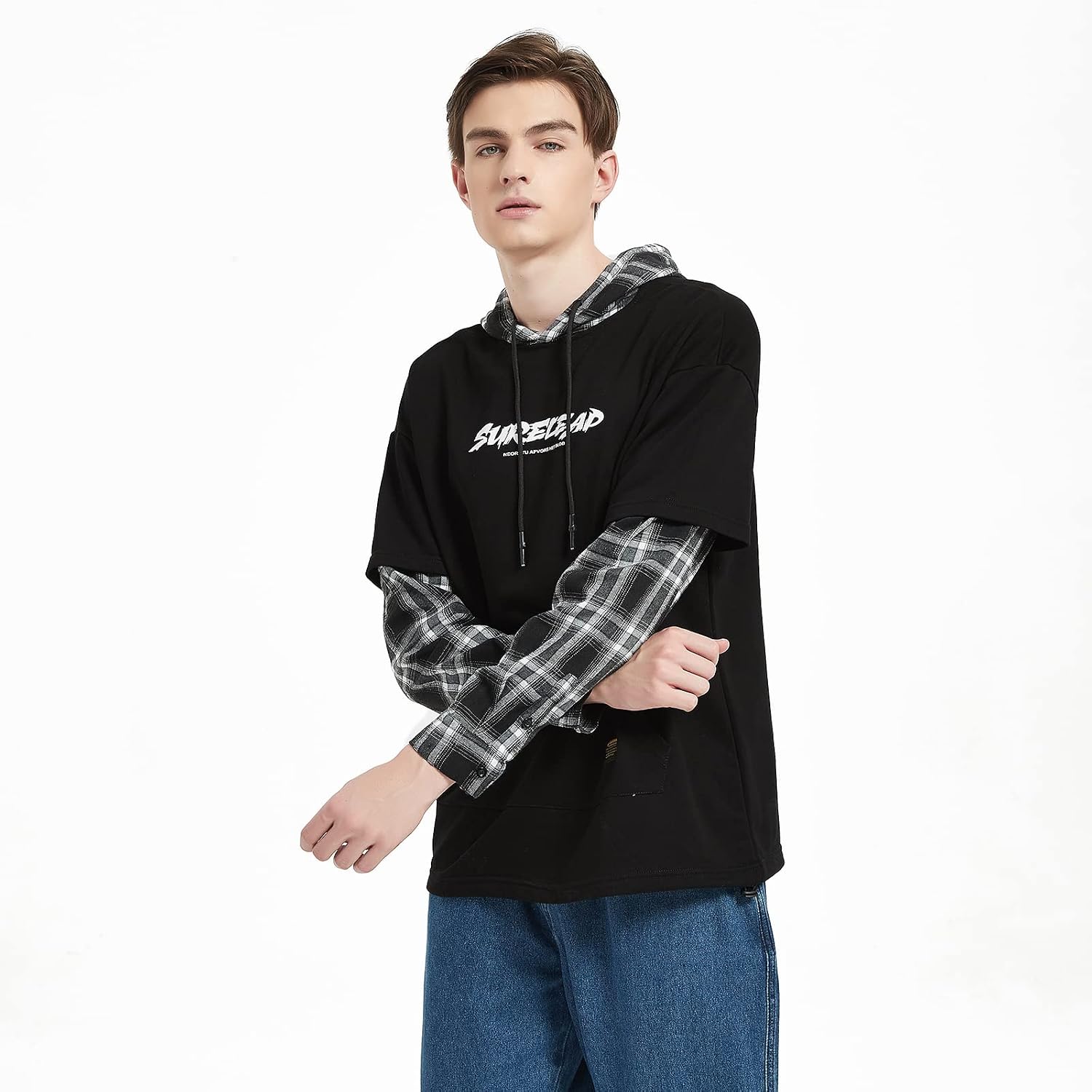 Detalle 2 de GURUNVANI Unisex Kapuzenpullover 20wy801 – Patchwork-Hip-Hop-Style aus Baumwolle/Polyester