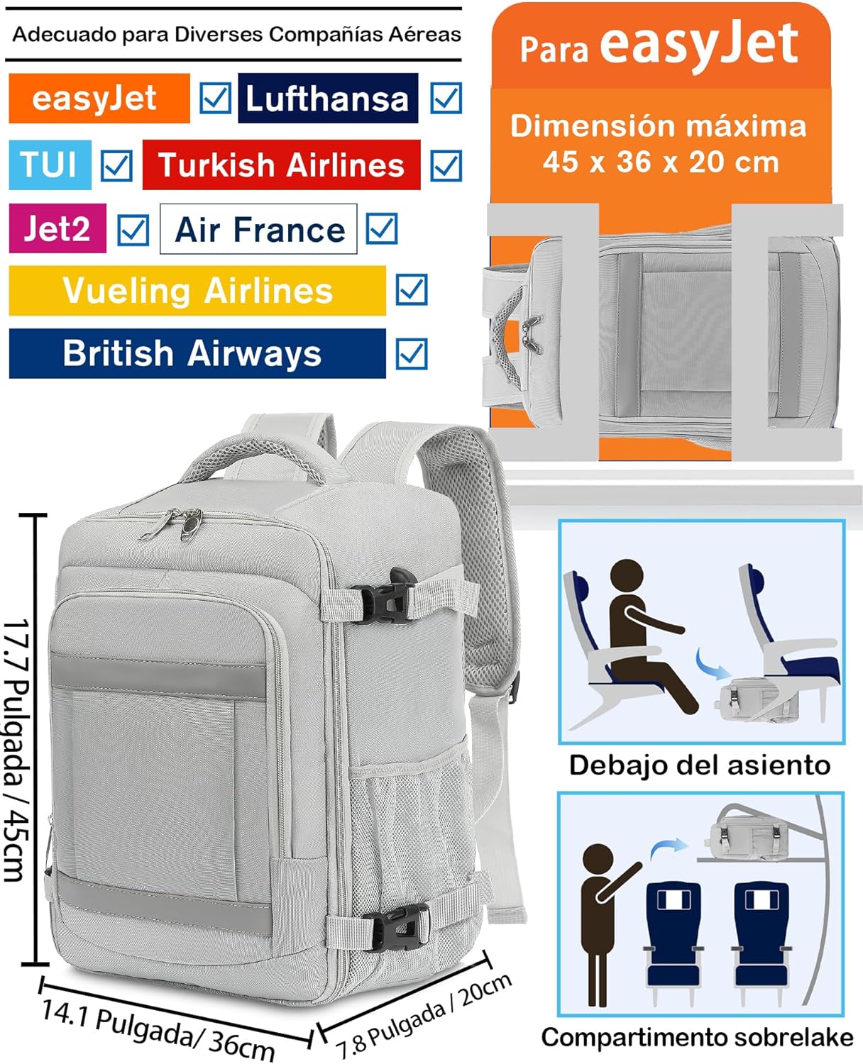 Detalle 2 de KLOSTAIN Mochila de Viaje Cabina para Avión ✈️ 30L Gris Claro