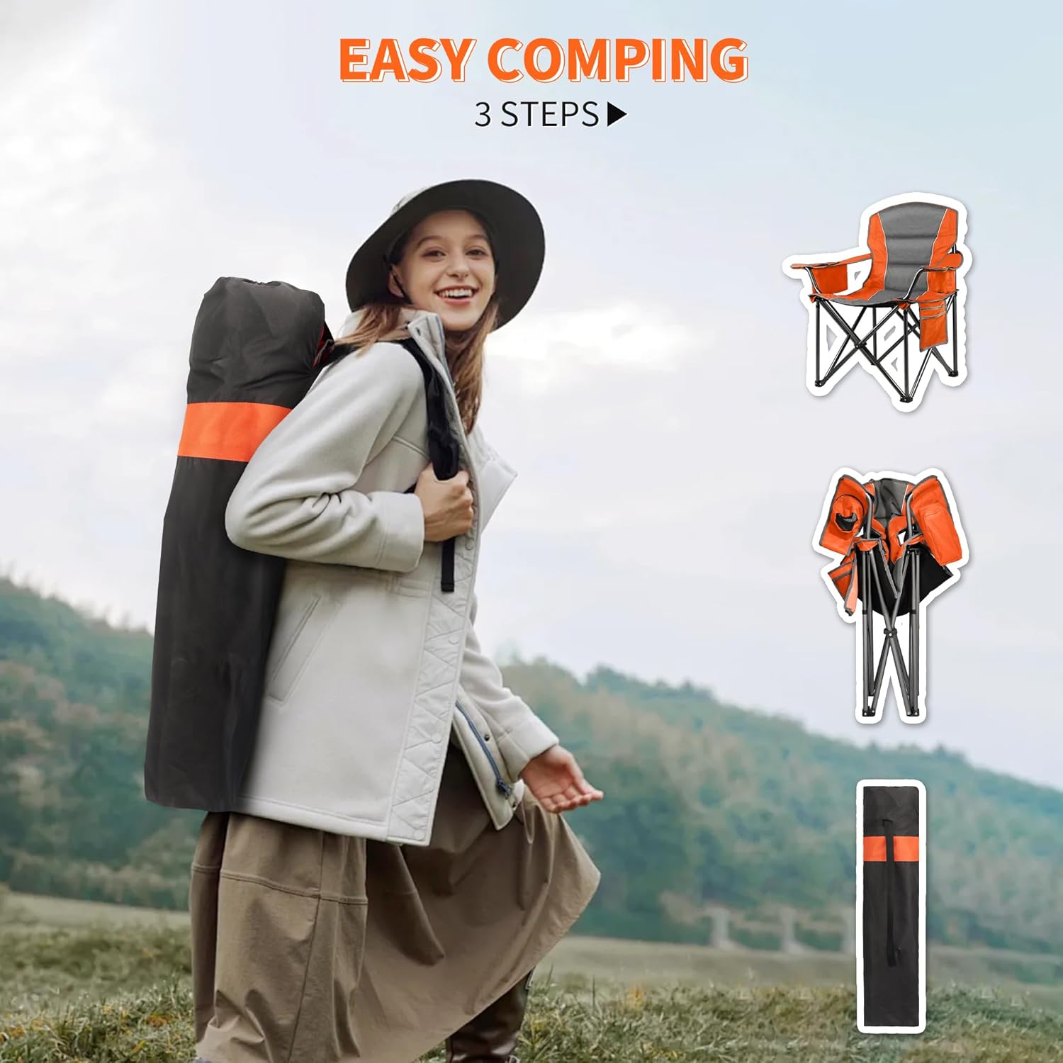 Thumbnail 4 de LANMOUNTAIN 2 Pack Padded Oversized Camping Chairs (Orange & Blue) with Cup Holder, Side Pocket & Cooler Bag