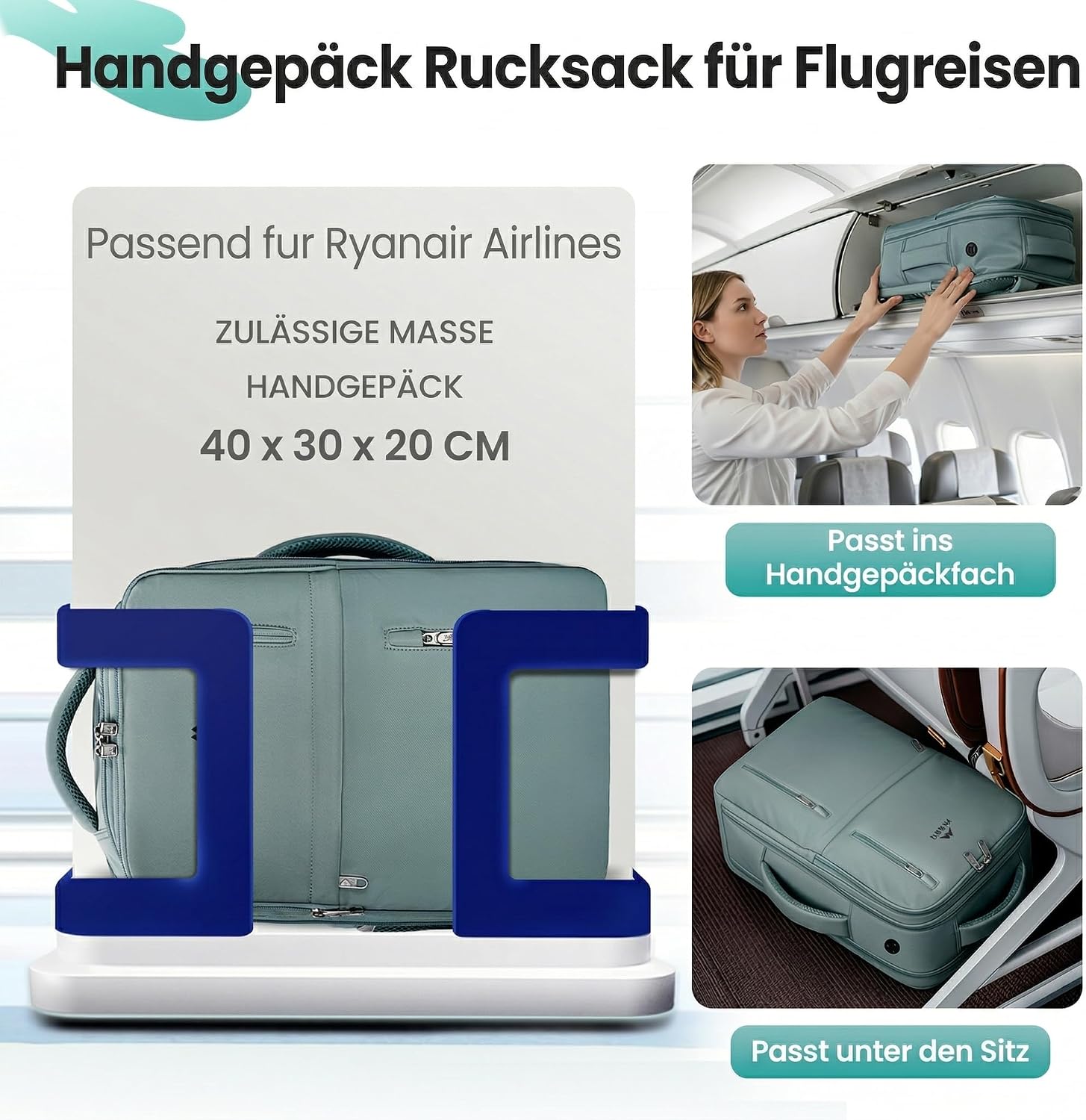 Detalle de MATEIN Ryanair Handgepäck 40x30x20 cm – kompakter 24L Rucksack mit Nassfach und Laptopfach (Pfauengrün)