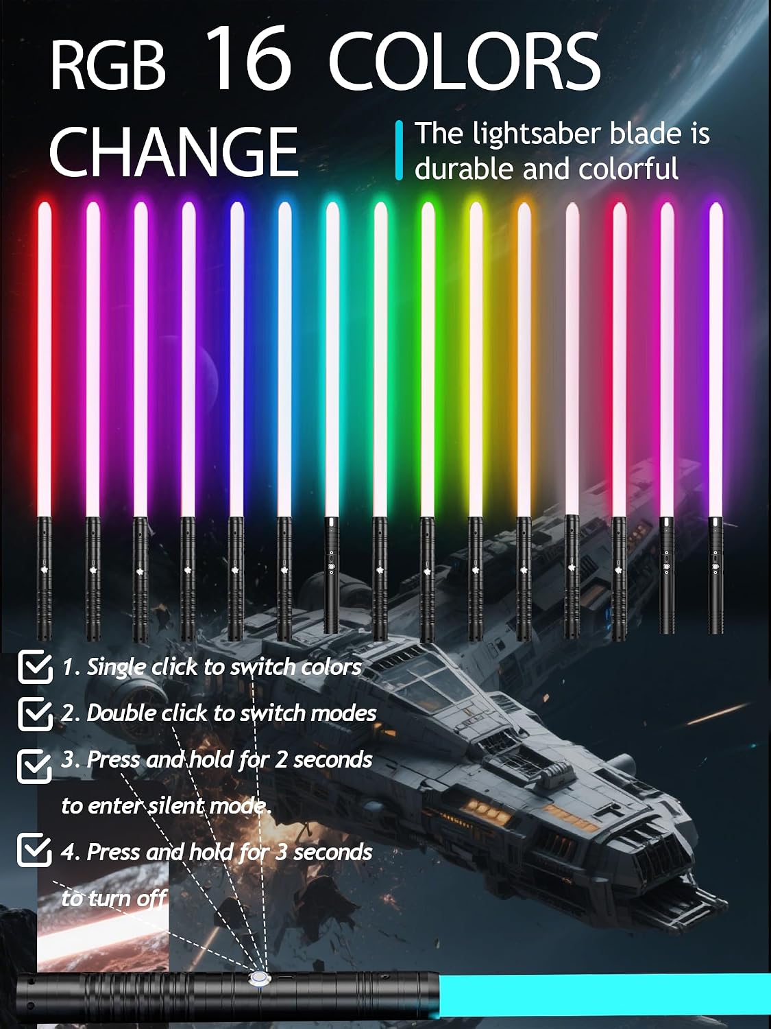 Detalle 2 de RGB Lightsaber Set: 2 Pack Rechargeable Lightsabers with 16 Colours and Sound