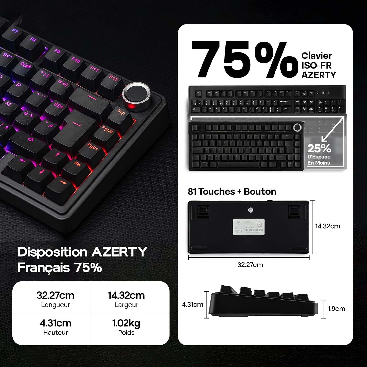Thumbnail 3 de EPOMAKER Aula F75 ISO-FR : clavier mécanique sans fil 75% AZERTY (RGB, hot-swap, gasket)