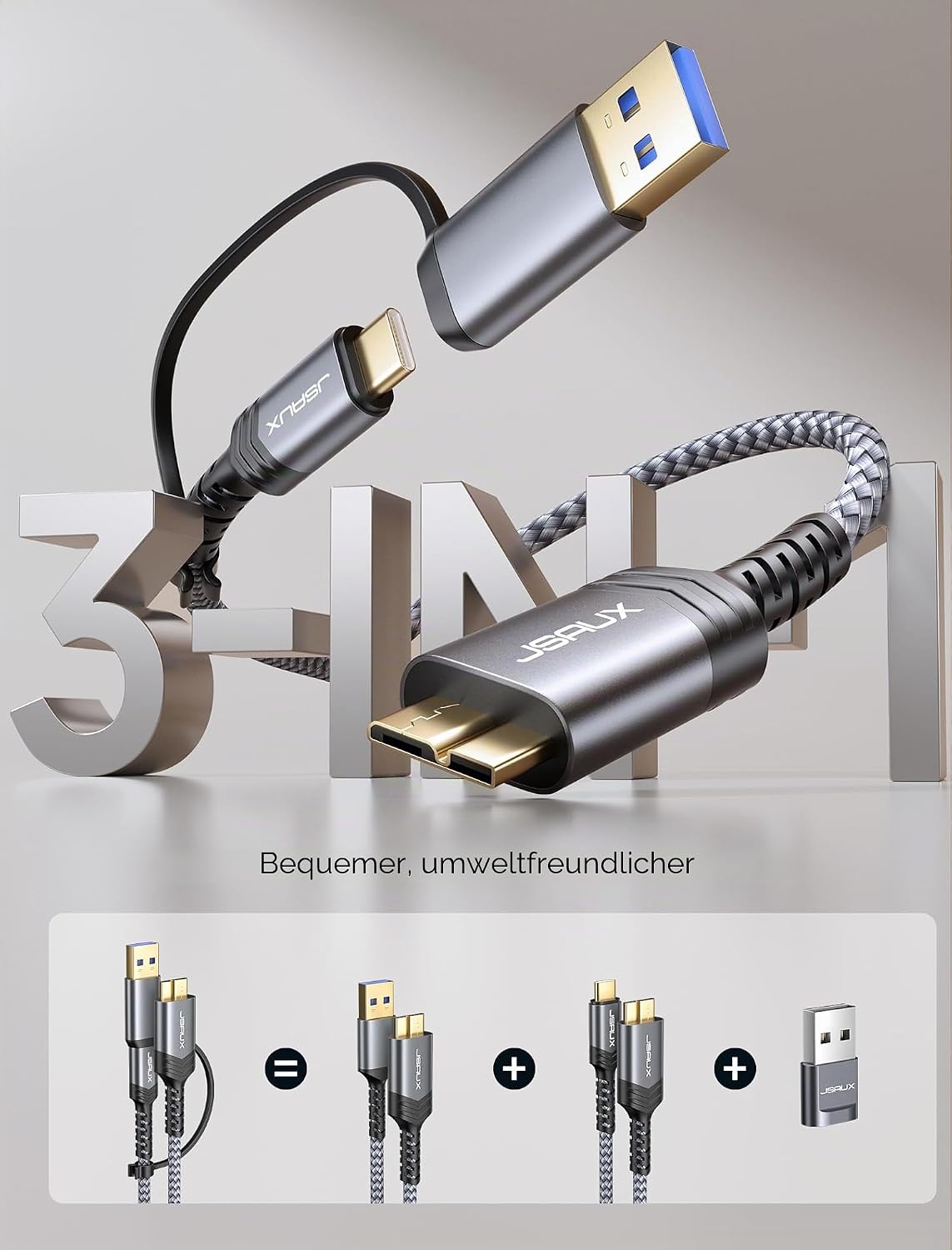 Detalle de JSAUX USB 3.0/C auf Micro B Kabel (0,5 m) mit USB-A Adapter – bis zu 20 Gbit/s