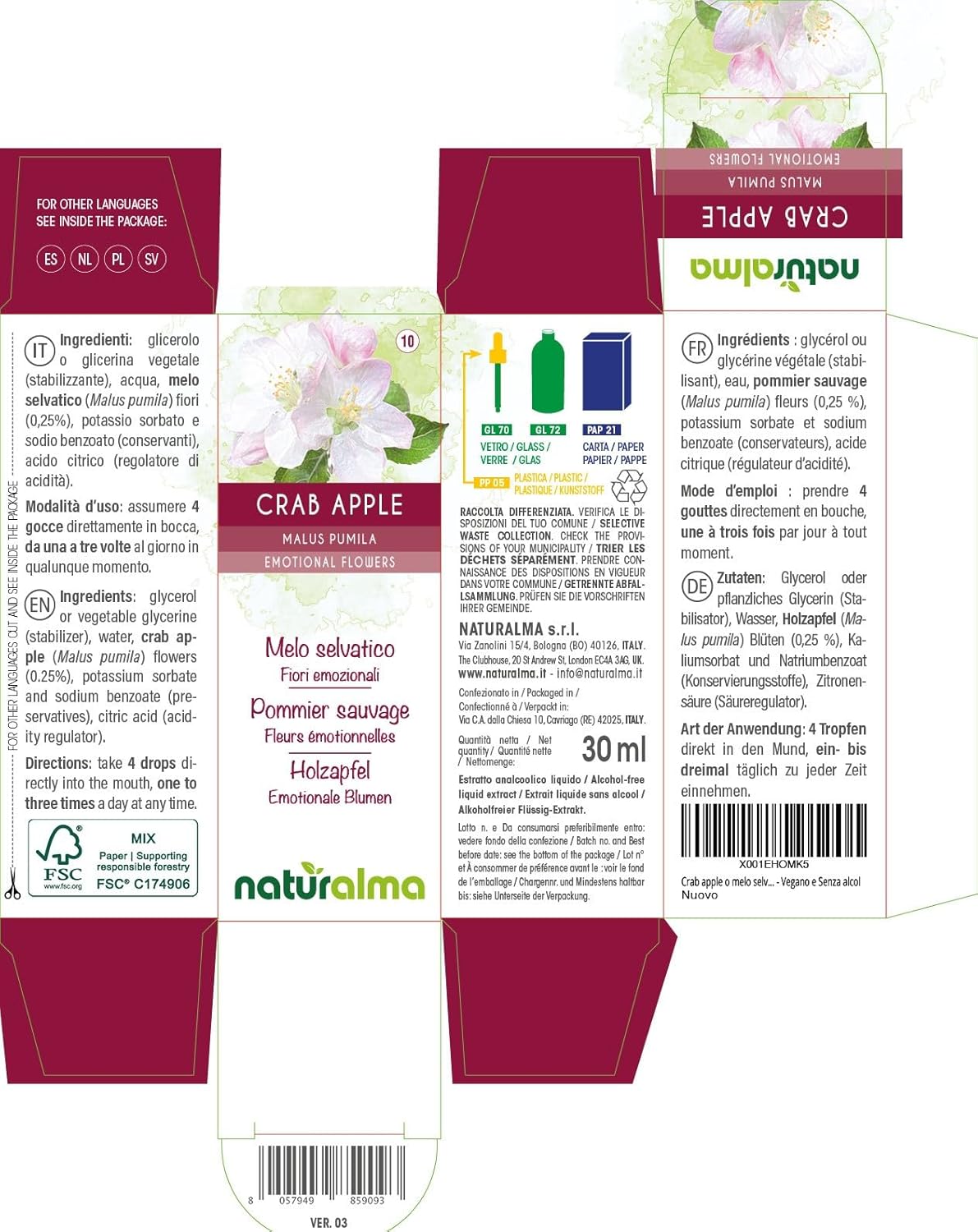 Detalle 2 de Crab Apple (Malus pumila) Fiori emozionali Naturalma – Gocce 30 ml, estratto liquido analcoolico