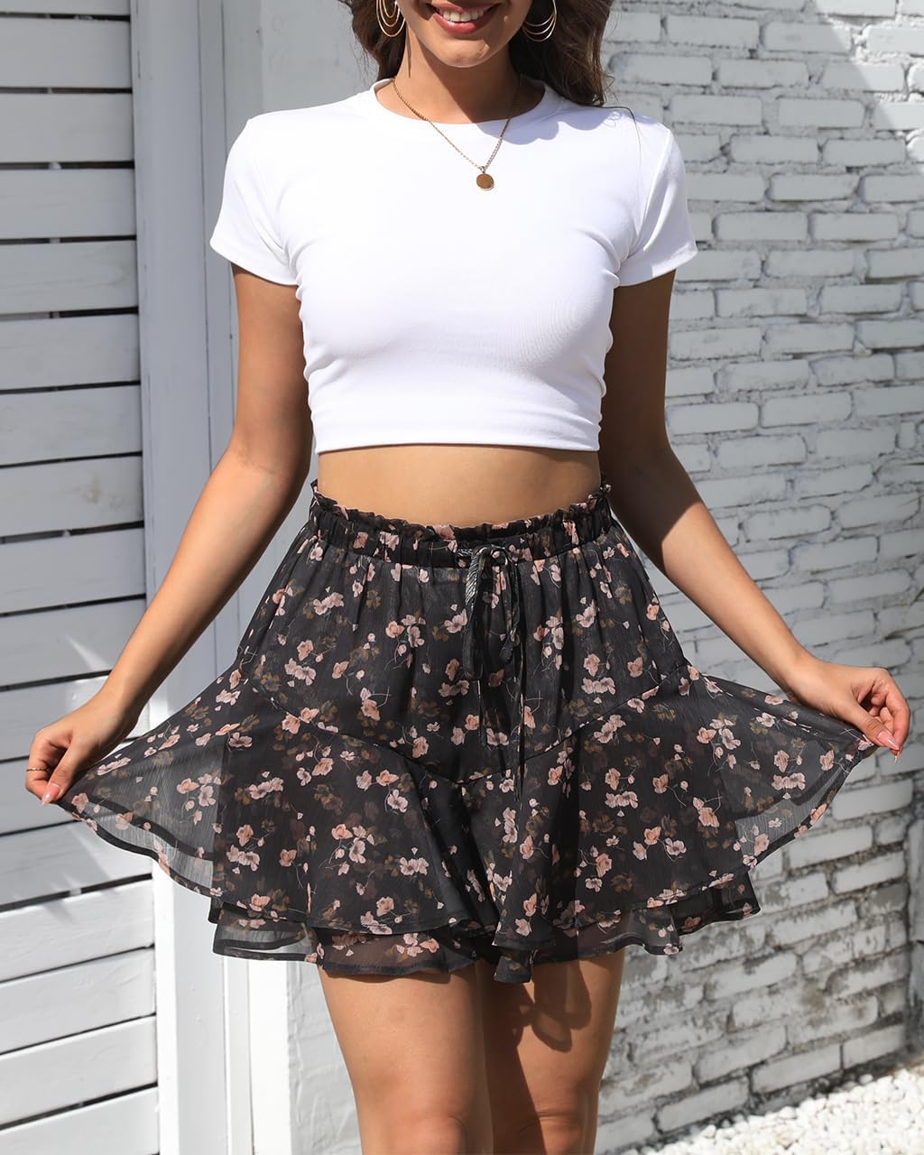 Thumbnail 2 de Aoudery Flowy Shorts for Women Boho Floral Skorts with Butterfly Chiffon-Style Ruffle Hem