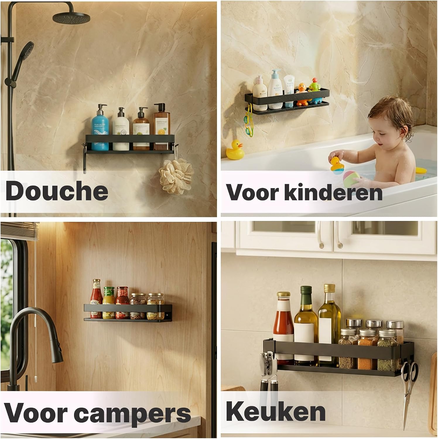 Detalle de Minismus doucherek met verplaatsbare haken en veiligheidsrail, zwart roestvrij staal