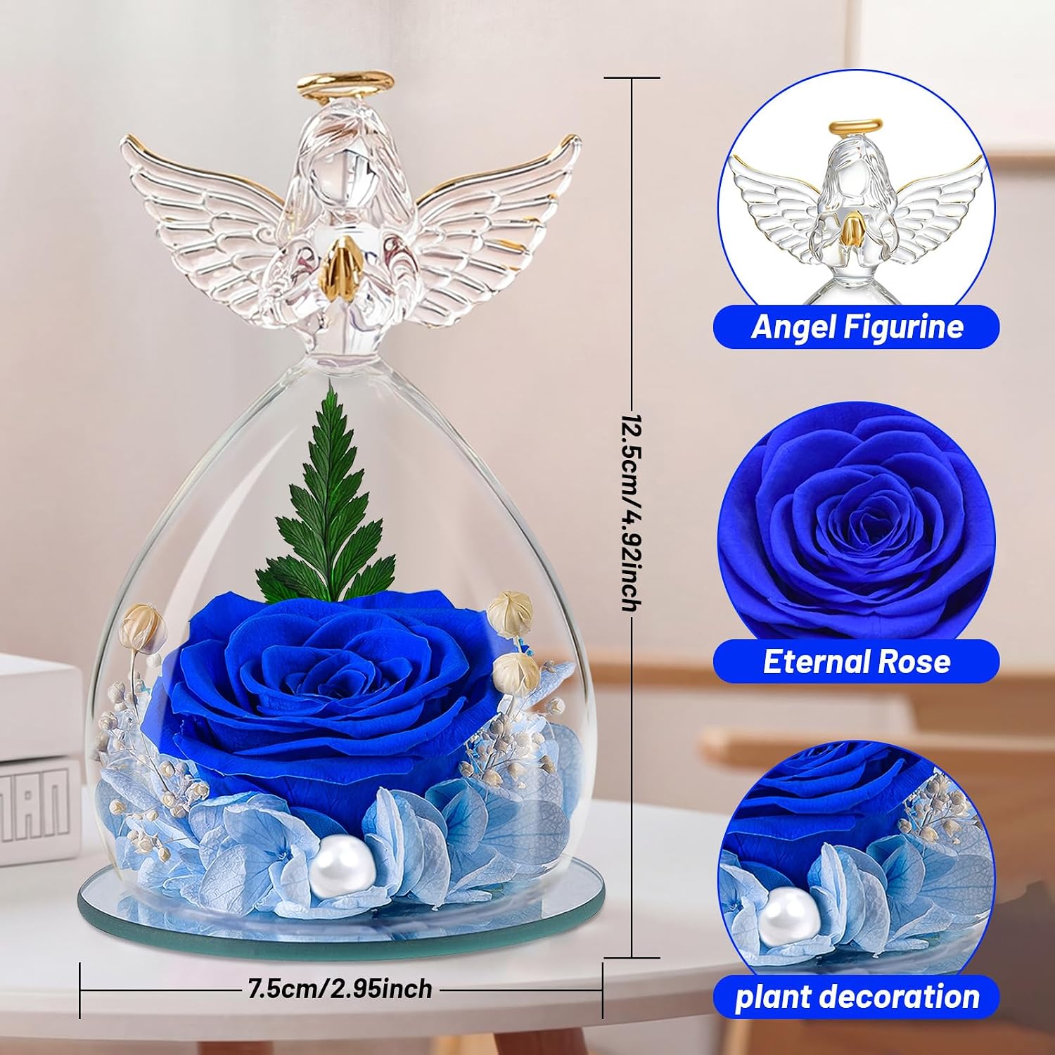 Detalle de YiHuaHua Rose Eternelle Cadeau Femme : rose stabilisée avec figurine d’ange sous cloche en verre