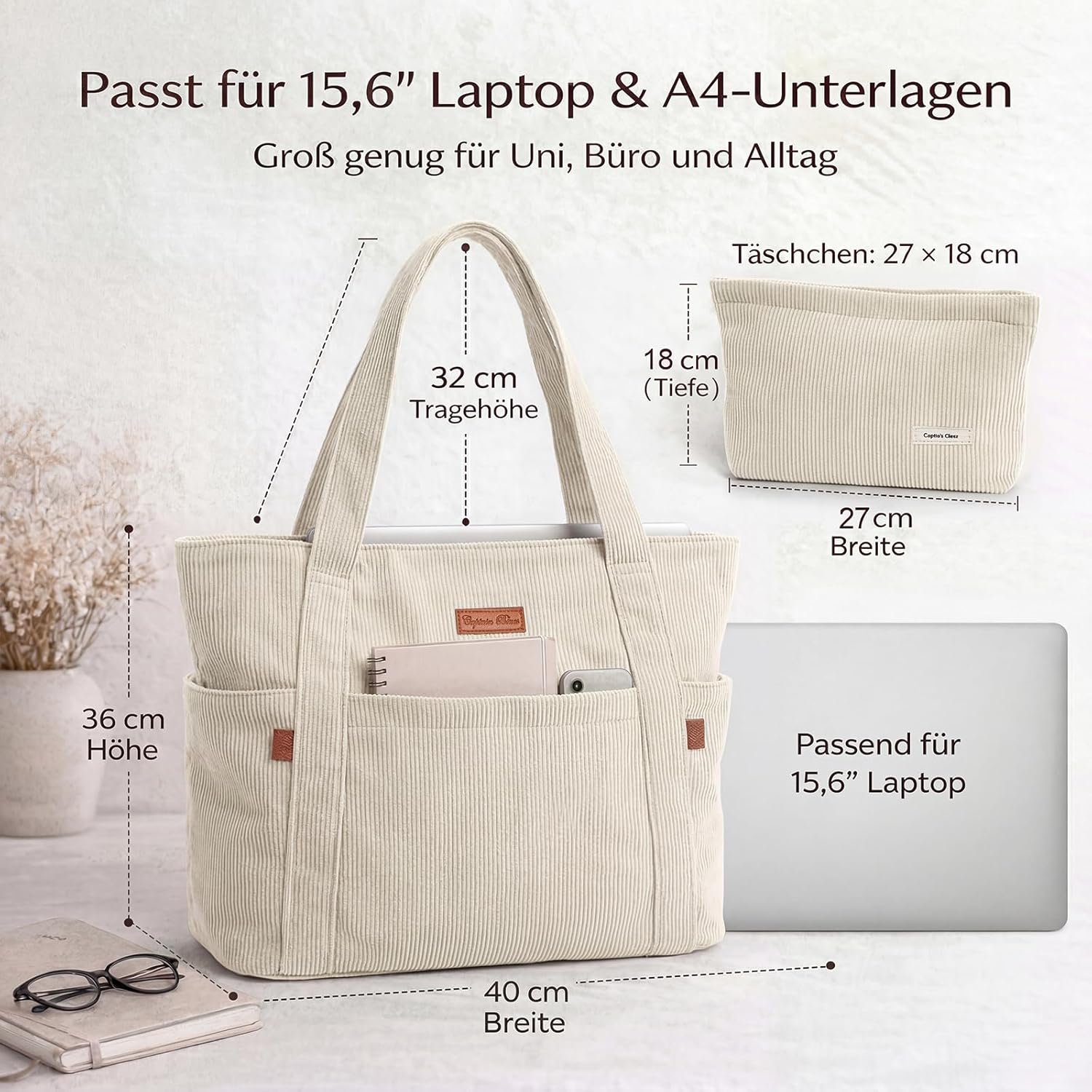 Thumbnail 2 de Captain Blues Tote Bag for Women with Zip — Large Capacity Corduroy tote with Laptop Compartment