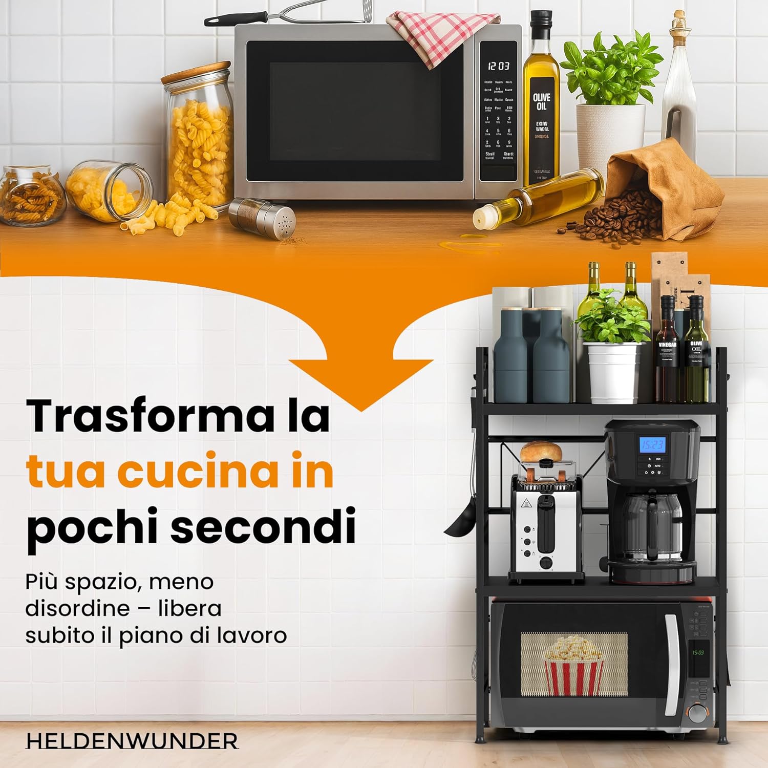 Thumbnail 5 de Heldenwunder Mensola mobile per cucina salvaspazio in acciaio con 3 ripiani, supporto microonde regolabile e ganci - nero